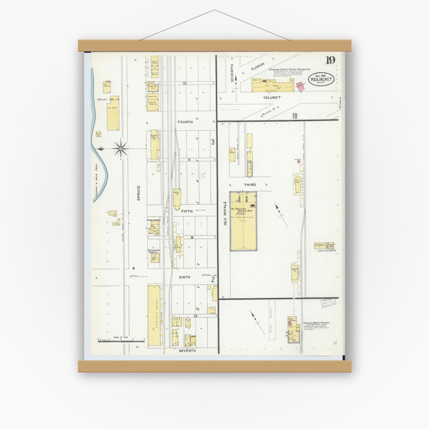 Old map wall art mockup — magnetic wood frame on white wall — Sanborn Fire Insurance Map from Red Jacket, Houghton County, Michigan (1908), Sheet #0019
