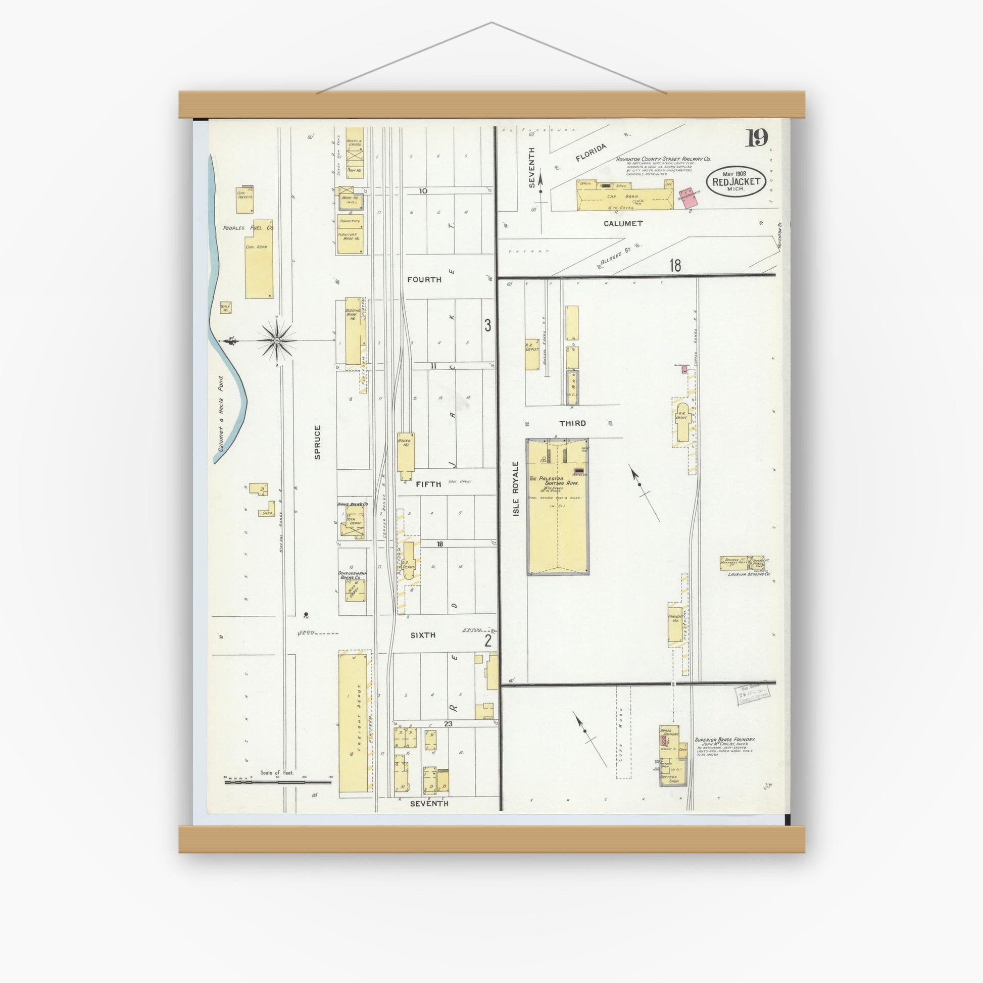 Old map wall art mockup — magnetic wood frame on white wall — Sanborn Fire Insurance Map from Red Jacket, Houghton County, Michigan (1908), Sheet #0019