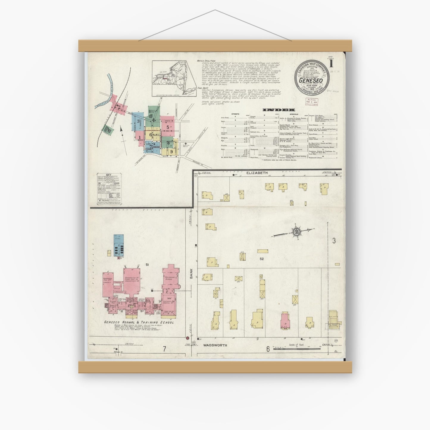 Old map wall art mockup — magnetic wood frame on white wall — Sanborn Fire Insurance Map from Geneseo, Livingston County, New York (1913), Sheet #0001