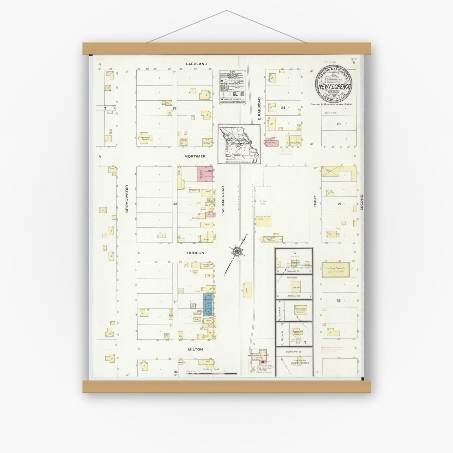 Old map wall art mockup — magnetic wood frame on white wall — Sanborn Fire Insurance Map from New Florence, Montgomery County, Missouri (1912), Sheet #0001