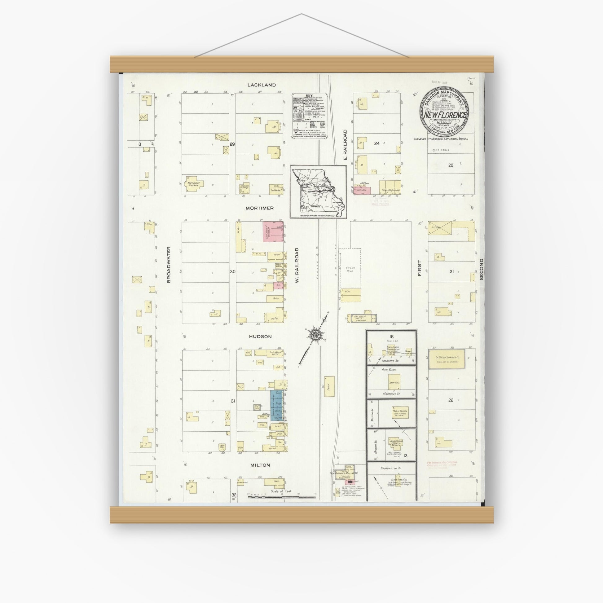 Old map wall art mockup — magnetic wood frame on white wall — Sanborn Fire Insurance Map from New Florence, Montgomery County, Missouri (1912), Sheet #0001