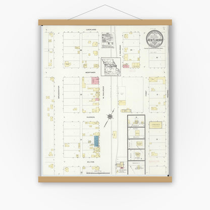 Old map wall art mockup — magnetic wood frame on white wall — Sanborn Fire Insurance Map from New Florence, Montgomery County, Missouri (1912), Sheet #0001