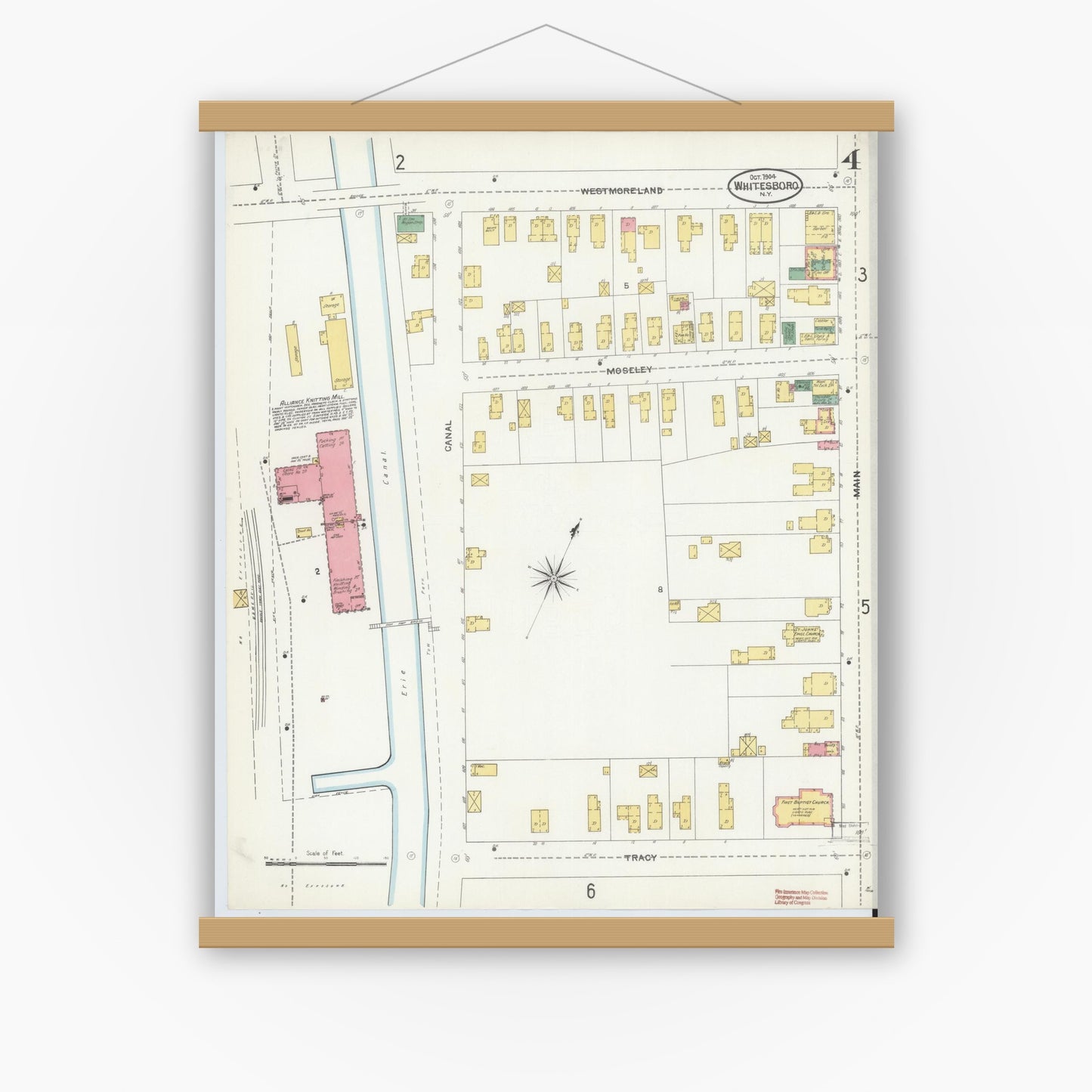 Old map wall art mockup — magnetic wood frame on white wall — Sanborn Fire Insurance Map from Whitesboro, Oneida County, New York (1904), Sheet #0004