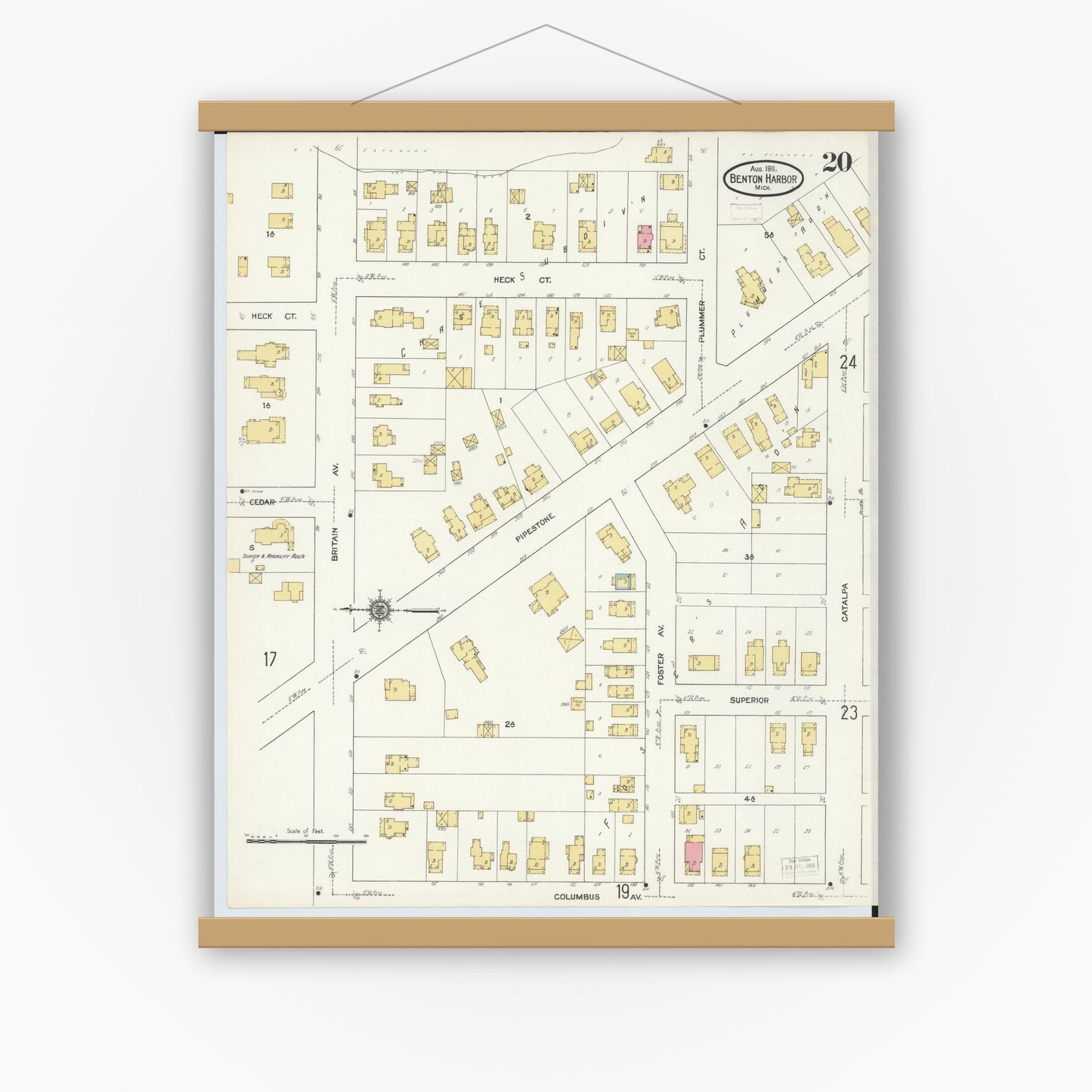 Old map wall art mockup — magnetic wood frame on white wall — Sanborn Fire Insurance Map from Benton Harbor, Berrien County, Michigan (1911), Sheet #0020