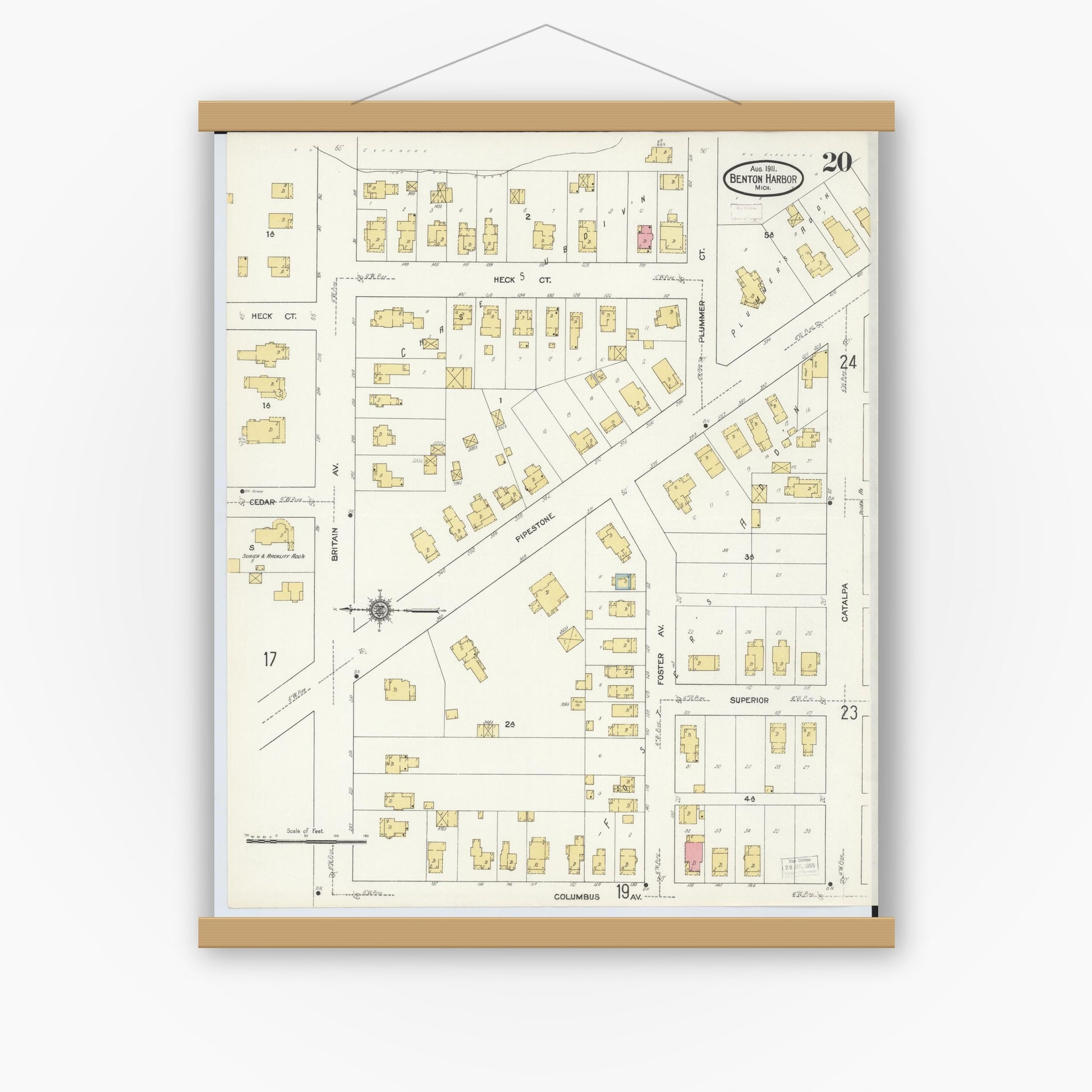 Old map wall art mockup — magnetic wood frame on white wall — Sanborn Fire Insurance Map from Benton Harbor, Berrien County, Michigan (1911), Sheet #0020
