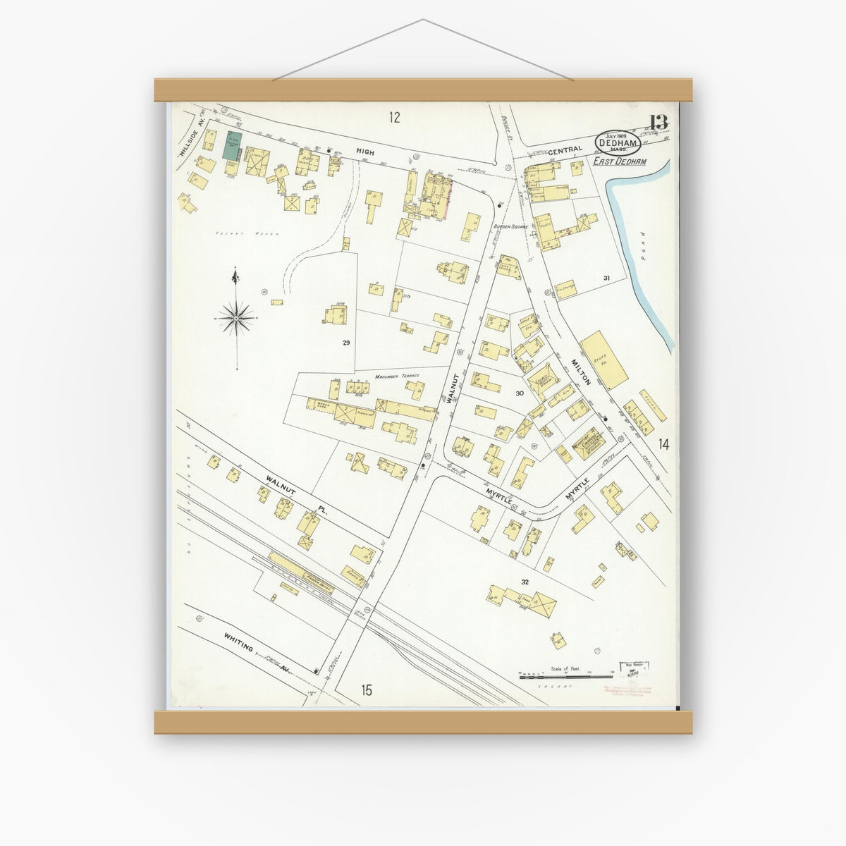Old map wall art mockup — magnetic wood frame on white wall — Sanborn Fire Insurance Map from Dedham, Norfolk County, Massachusetts (1909), Sheet #0013
