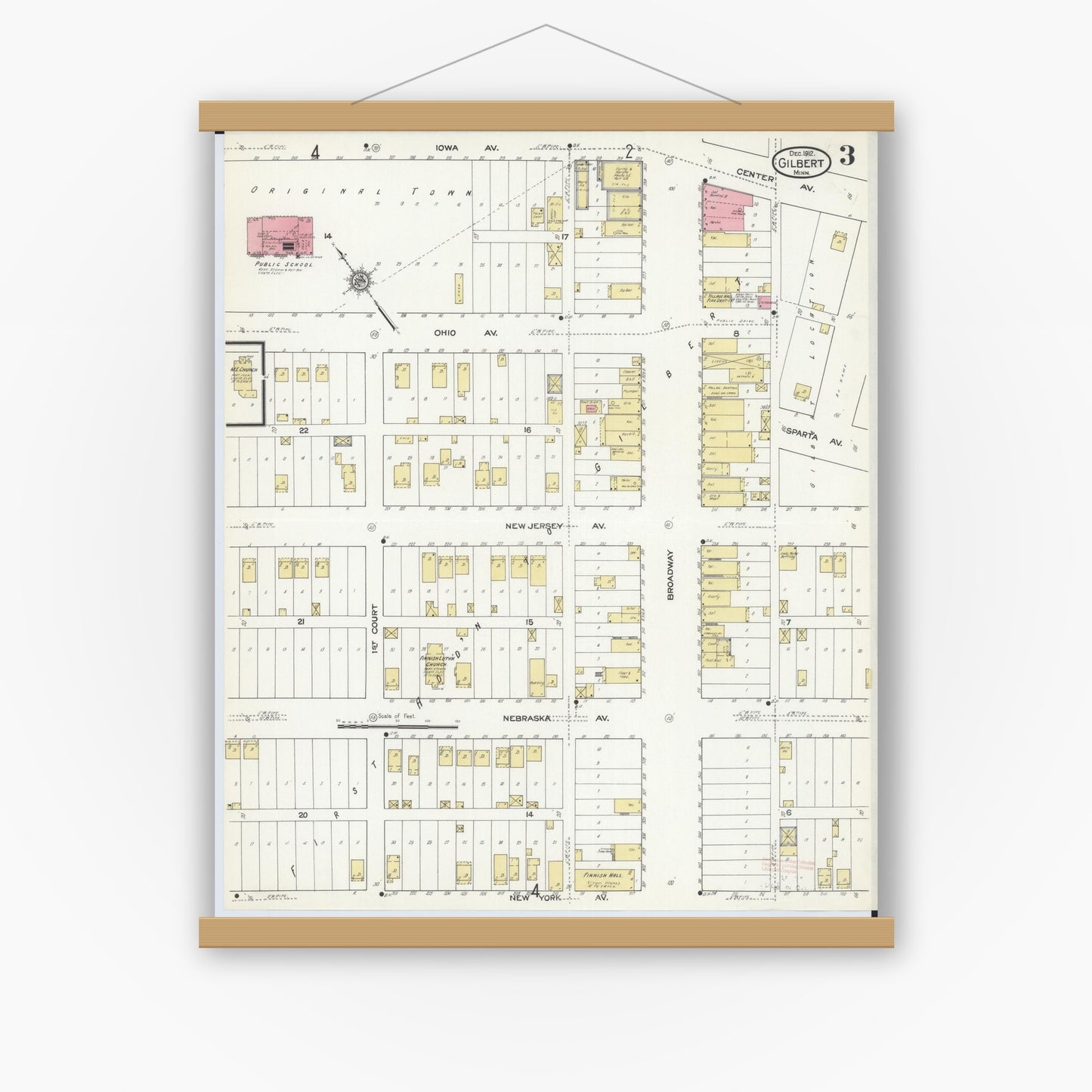 Old map wall art mockup — magnetic wood frame on white wall — Sanborn Fire Insurance Map from Gilbert, Saint Louis County, Minnesota (1912), Sheet #0003