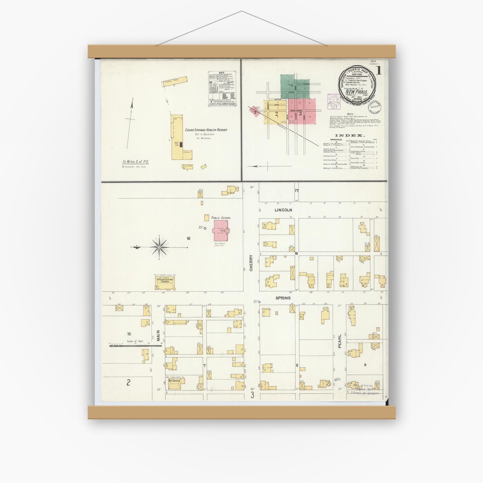 Old map wall art mockup — magnetic wood frame on white wall — Sanborn Fire Insurance Map from New Paris, Preble County, Ohio (1901), Sheet #0001