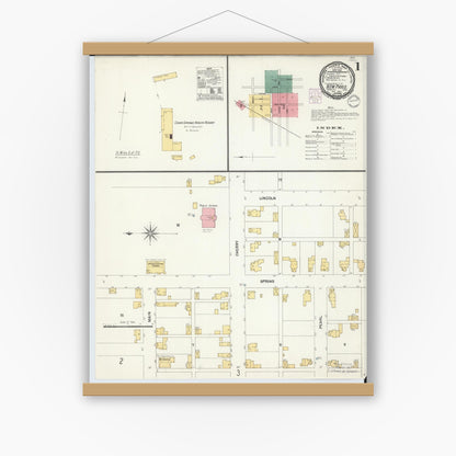 Old map wall art mockup — magnetic wood frame on white wall — Sanborn Fire Insurance Map from New Paris, Preble County, Ohio (1901), Sheet #0001