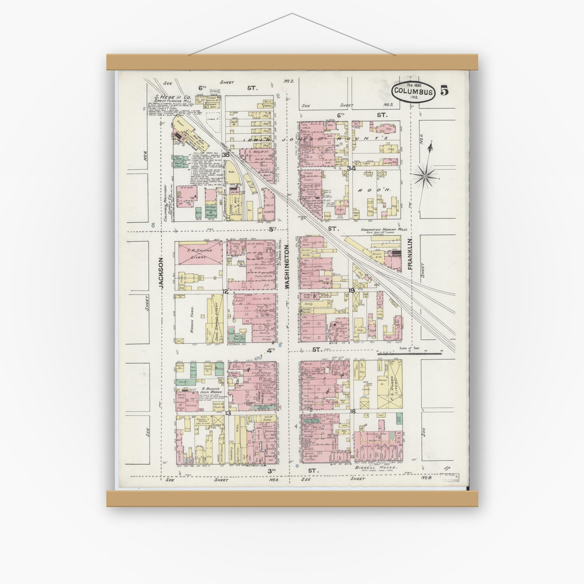 Old map wall art mockup — magnetic wood frame on white wall — Sanborn Fire Insurance Map from Columbus, Bartholomew County, Indiana (1890), Sheet #0005