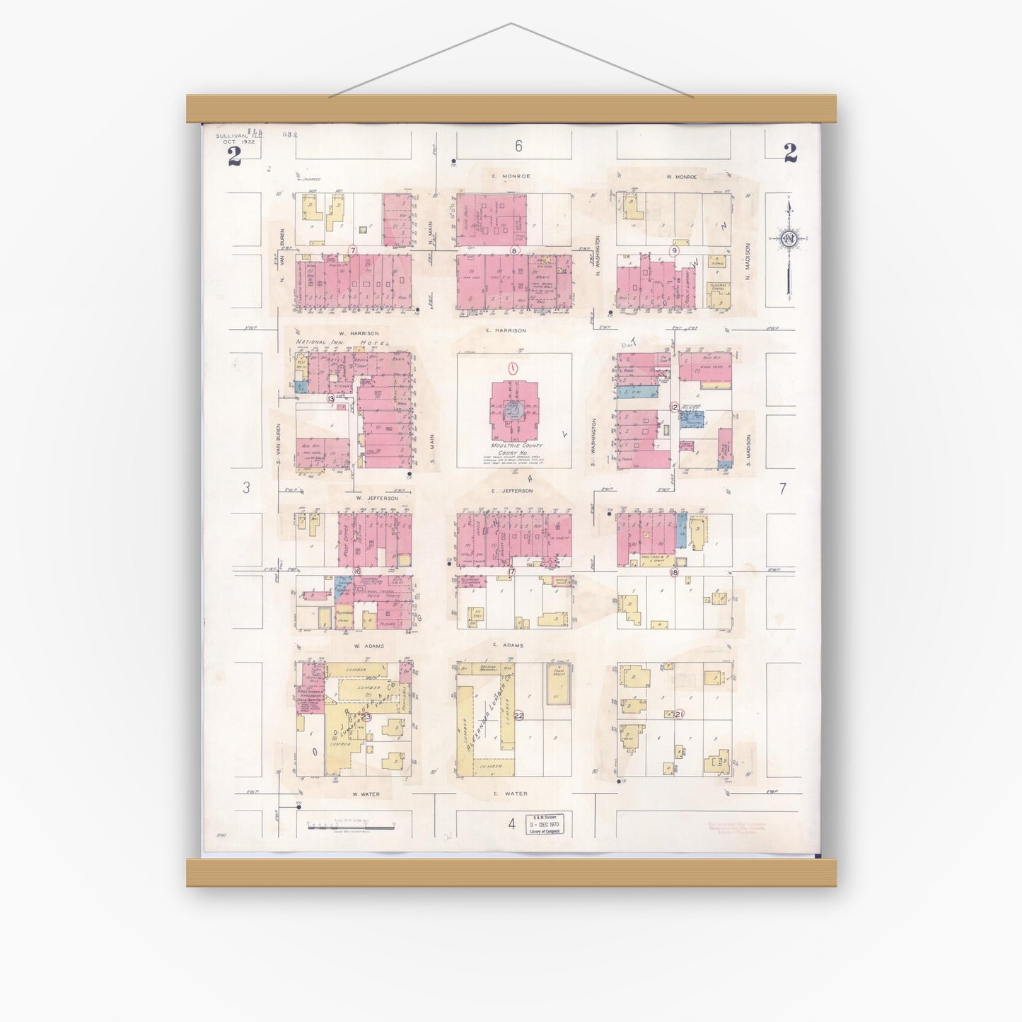 Old map wall art mockup — magnetic wood frame on white wall — Sanborn Fire Insurance Map from Sullivan, Moultrie County, Illinois (1940), Sheet #0002