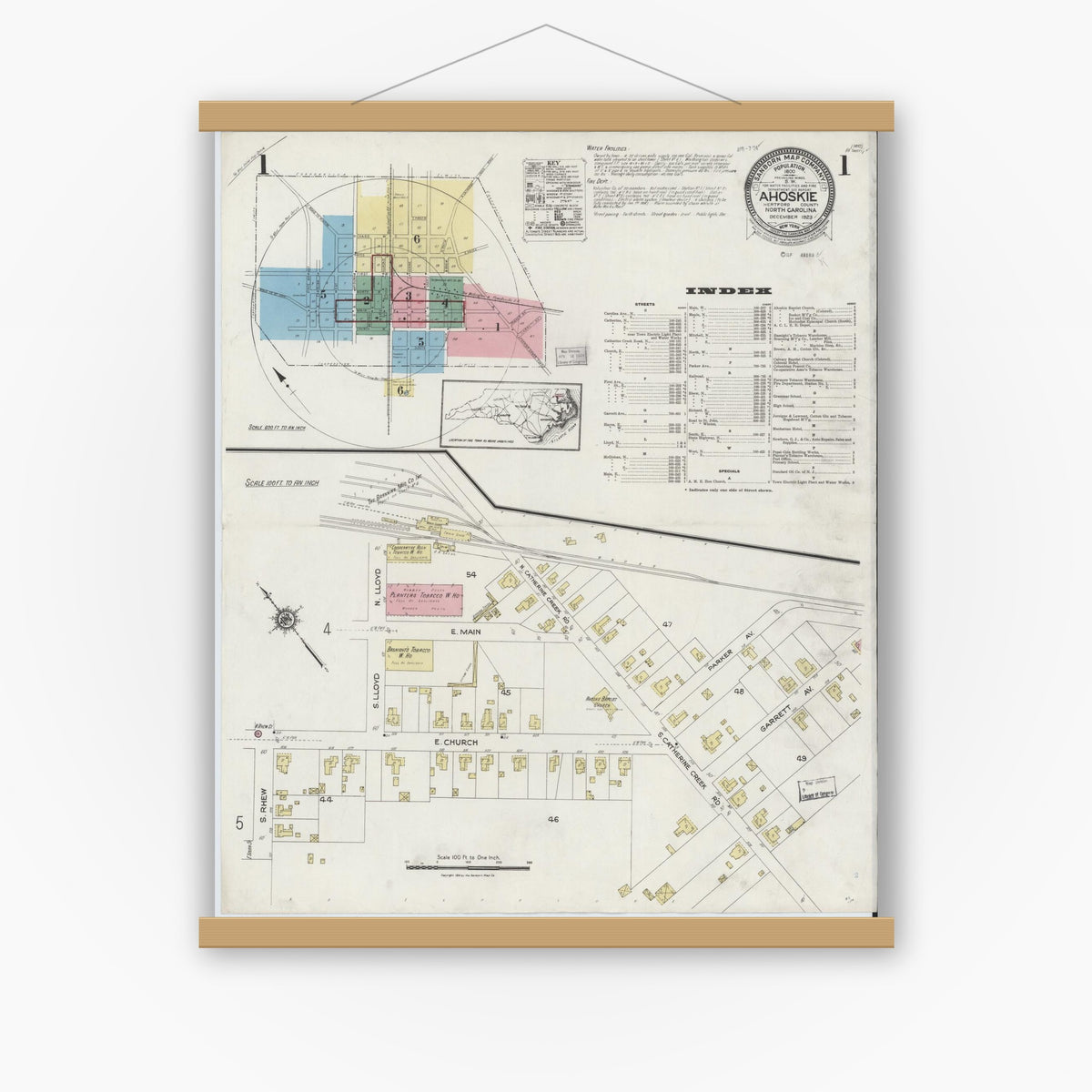 Old map wall art mockup — magnetic wood frame on white wall — Sanborn Fire Insurance Map from Ahoskie, Hertford County, North Carolina (1923), Sheet #0001