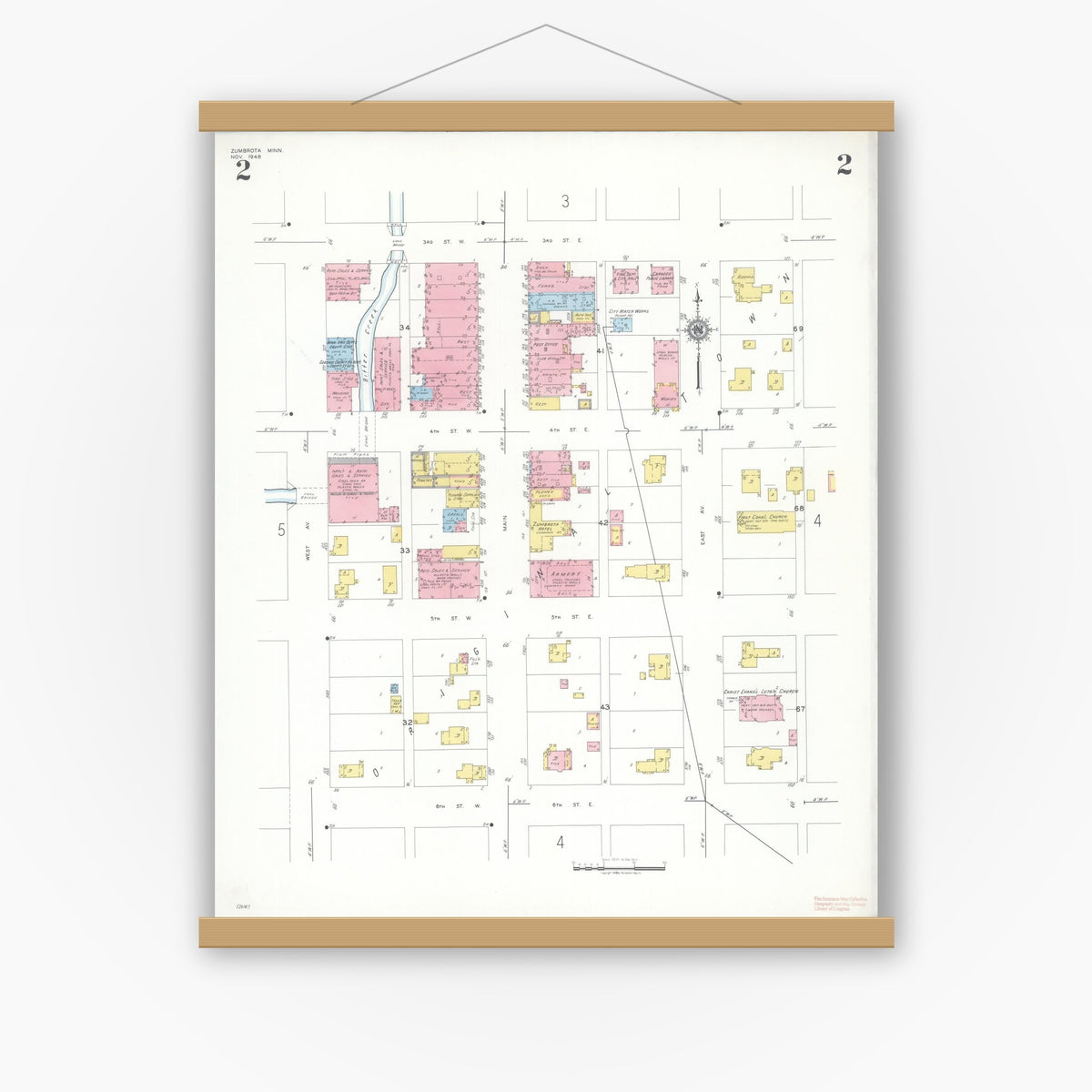 Old map wall art mockup — magnetic wood frame on white wall — Sanborn Fire Insurance Map from Zumbrota, Goodhue County, Minnesota (1948), Sheet #0002