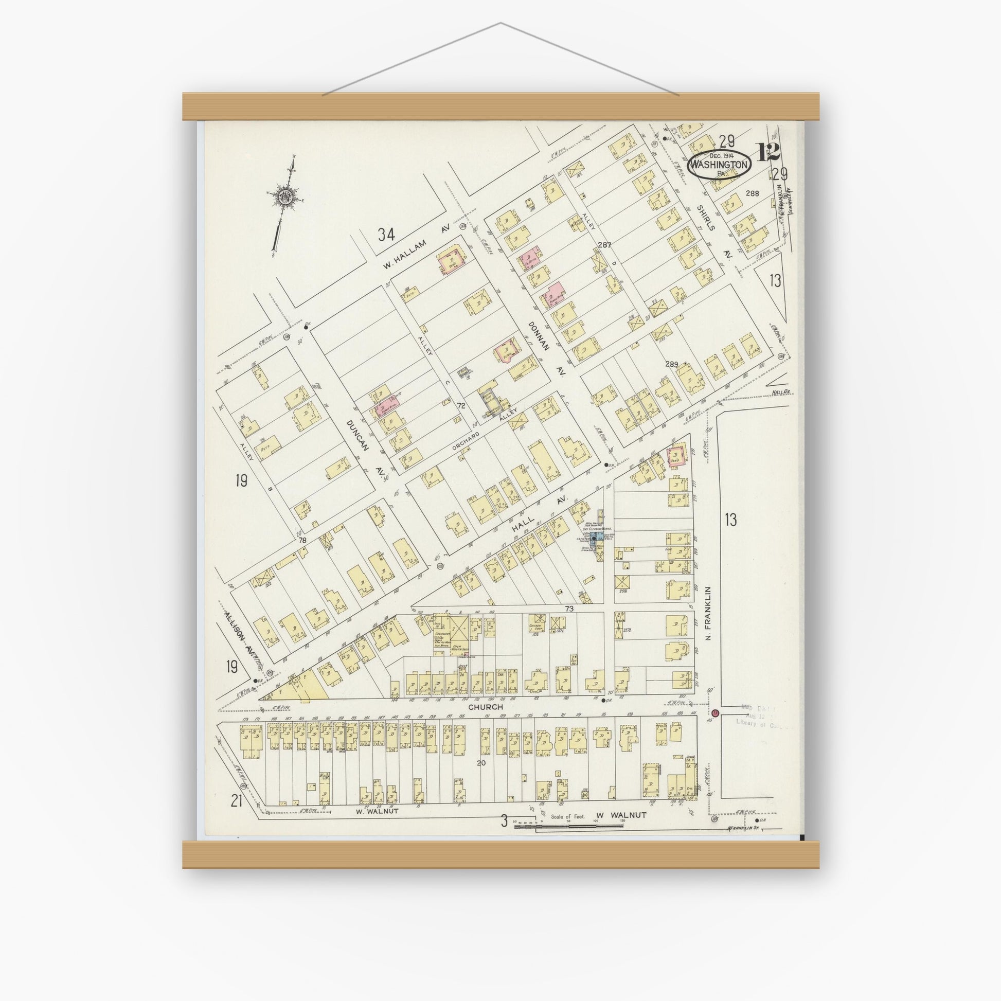 Old map wall art mockup — magnetic wood frame on white wall — Sanborn Fire Insurance Map from Washington, Washington County, Pennsylvania (1914), Sheet #0012