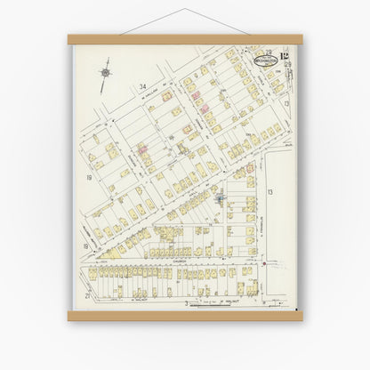 Old map wall art mockup — magnetic wood frame on white wall — Sanborn Fire Insurance Map from Washington, Washington County, Pennsylvania (1914), Sheet #0012