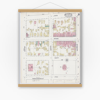 Old map wall art mockup — magnetic wood frame on white wall — Sanborn Fire Insurance Map from Waukegan, Lake County, Illinois (1890), Sheet #0003