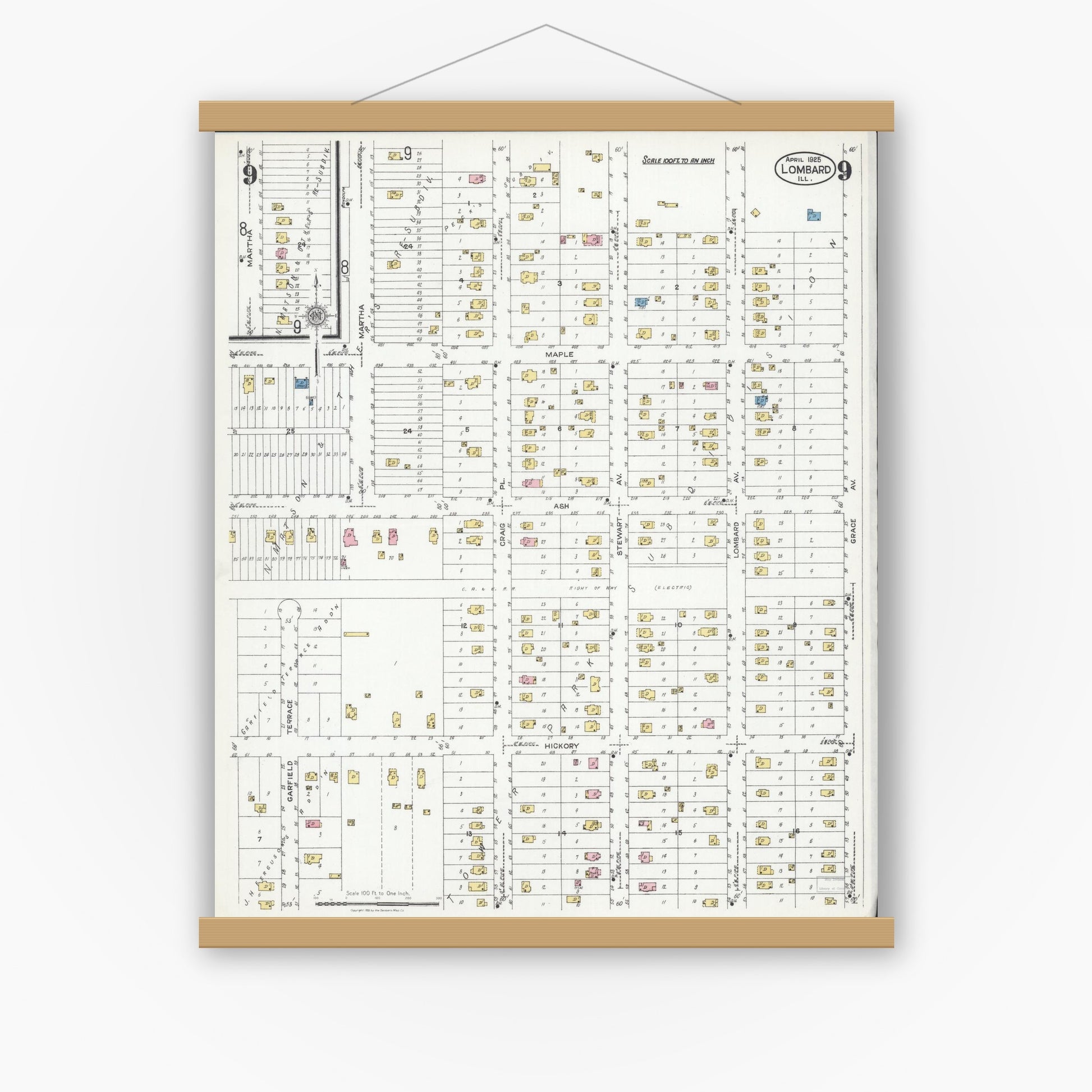 Old map wall art mockup — magnetic wood frame on white wall — Sanborn Fire Insurance Map from Lombard, Du Page County, Illinois (1925), Sheet #0009