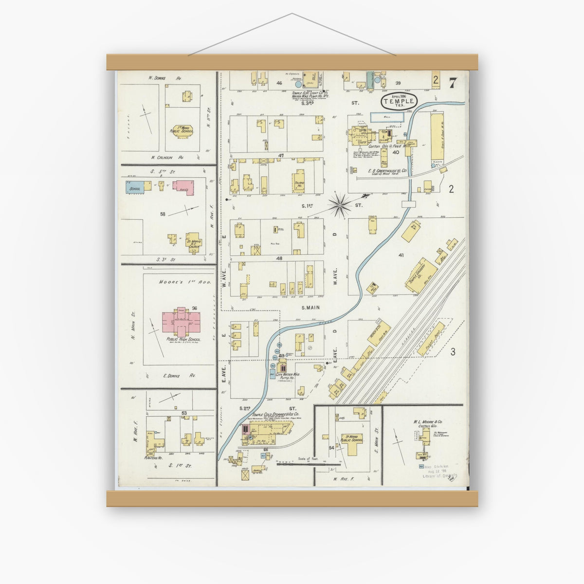 Old map wall art mockup — magnetic wood frame on white wall — Sanborn Fire Insurance Map from Temple, Bell County, Texas (1896), Sheet #0007