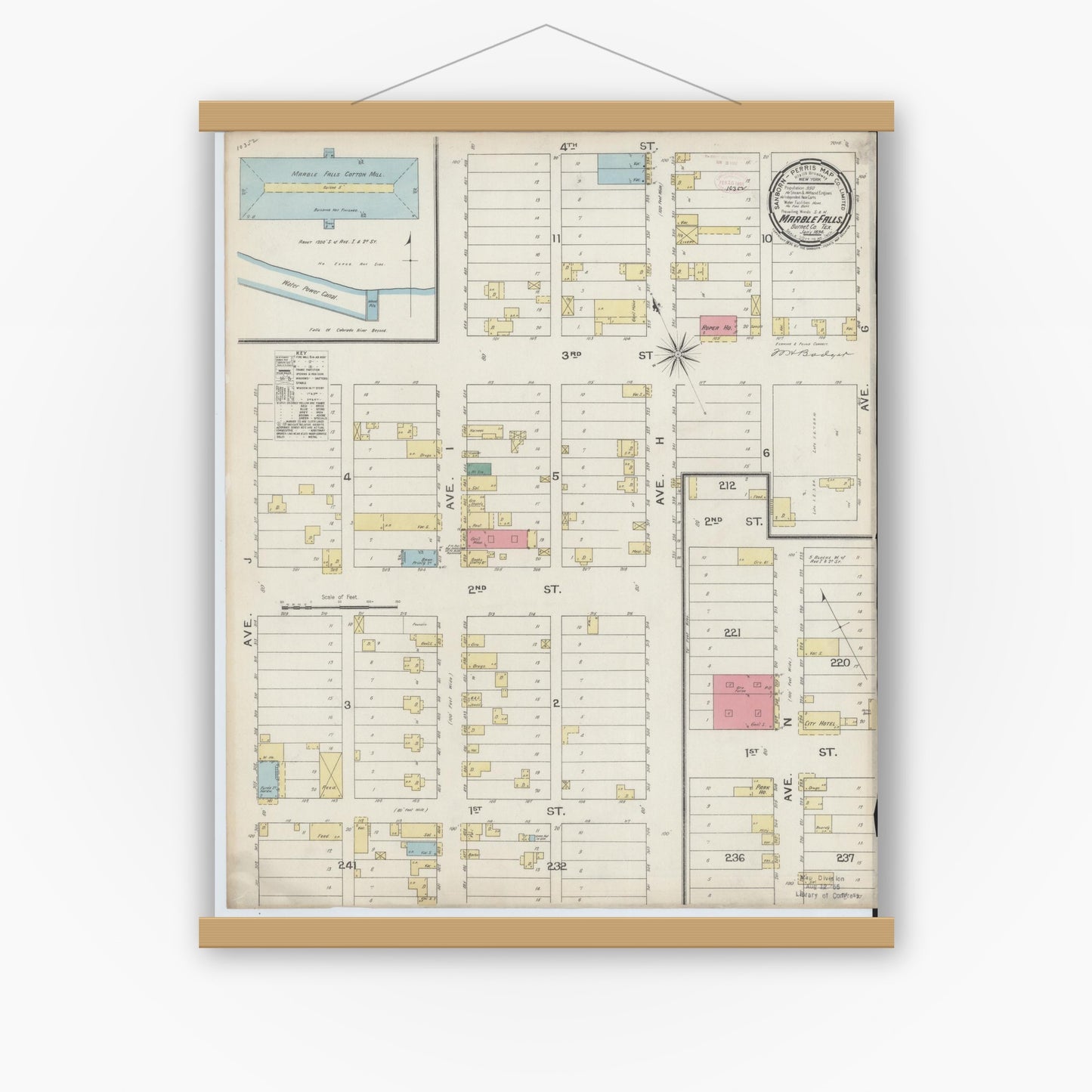 Old map wall art mockup — magnetic wood frame on white wall — Sanborn Fire Insurance Map from Marble Falls, Burnet County, Texas (1894), Sheet #0001