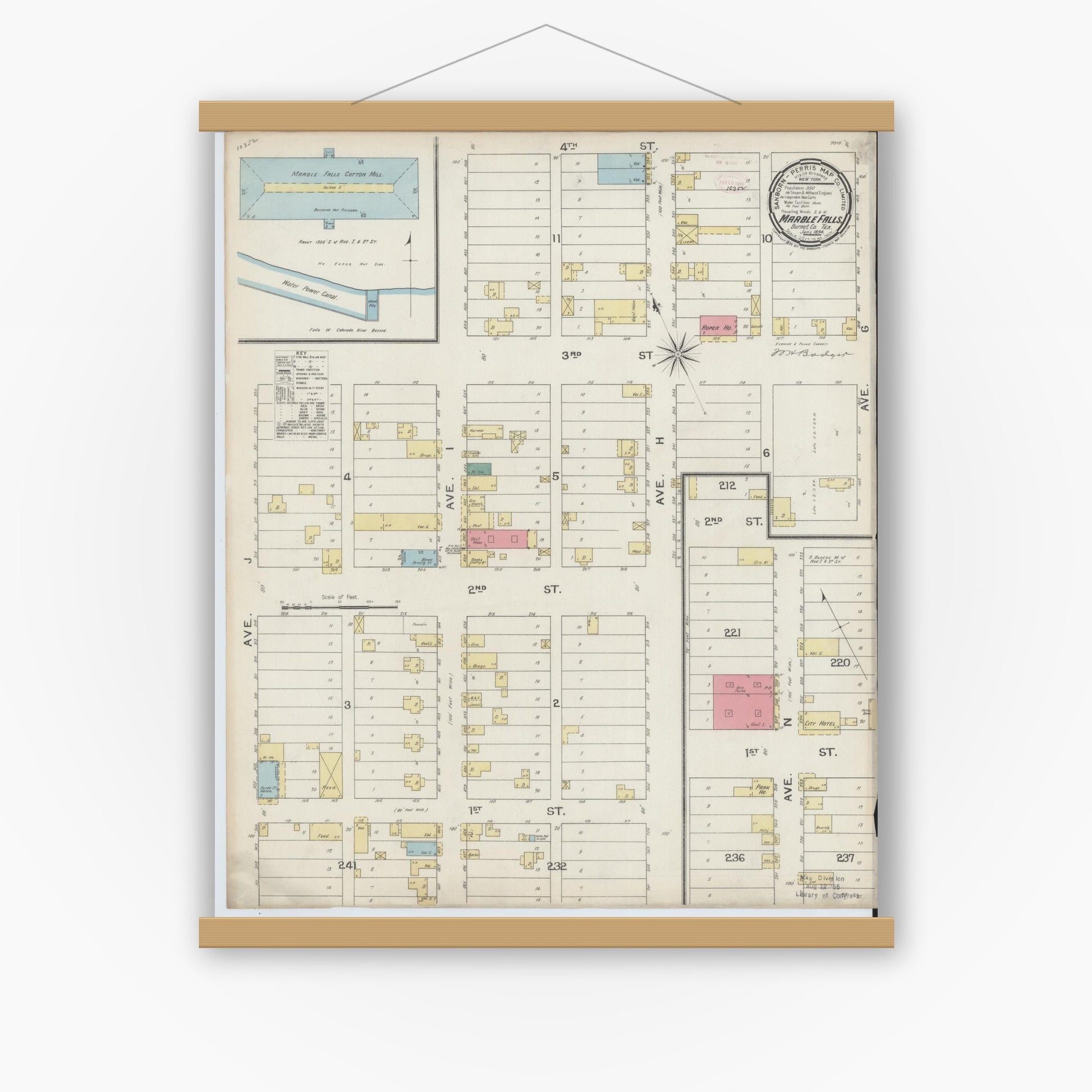 Old map wall art mockup — magnetic wood frame on white wall — Sanborn Fire Insurance Map from Marble Falls, Burnet County, Texas (1894), Sheet #0001