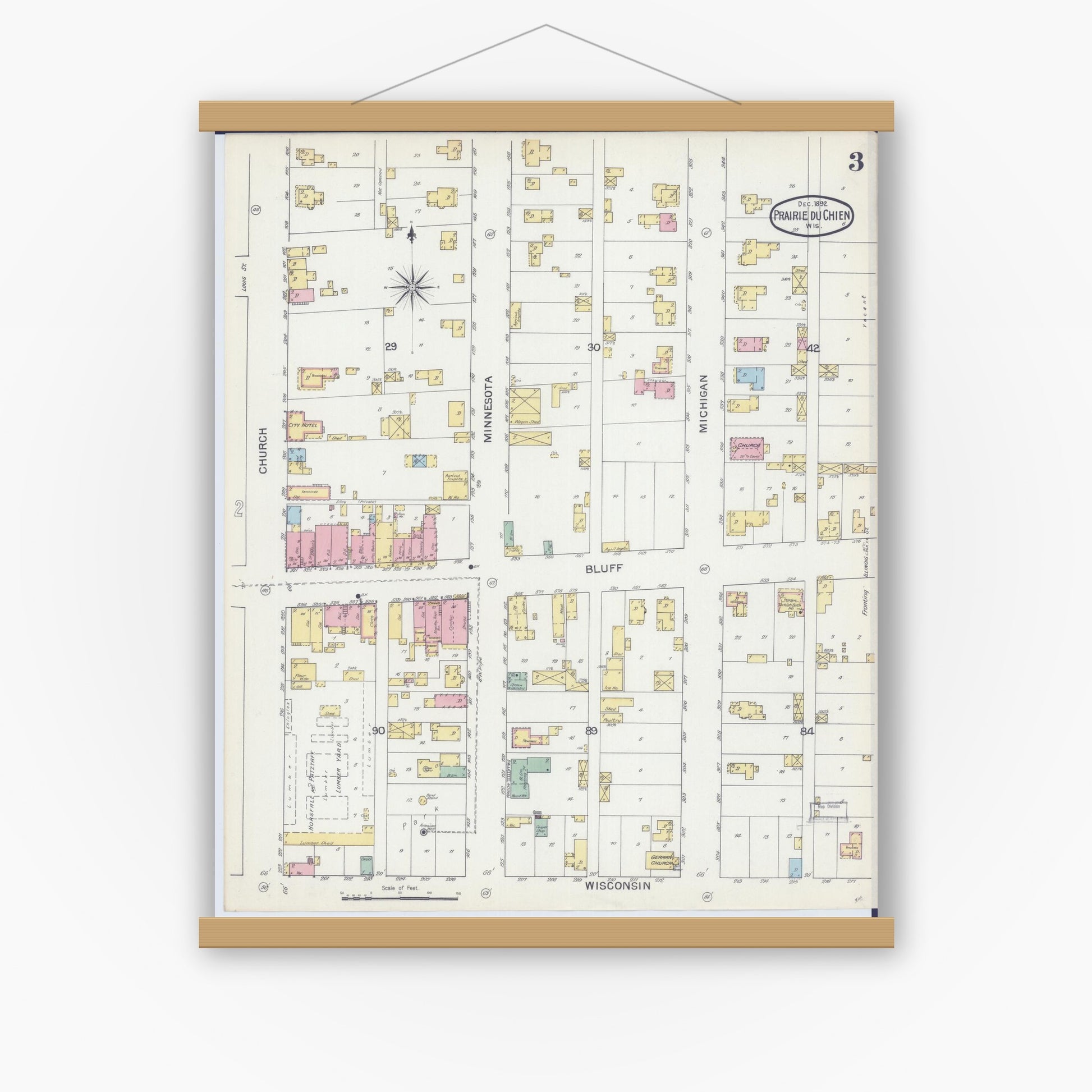 Old map wall art mockup — magnetic wood frame on white wall — Sanborn Fire Insurance Map from Prairie du Chien, Crawford County, Wisconsin (1892), Sheet #0003