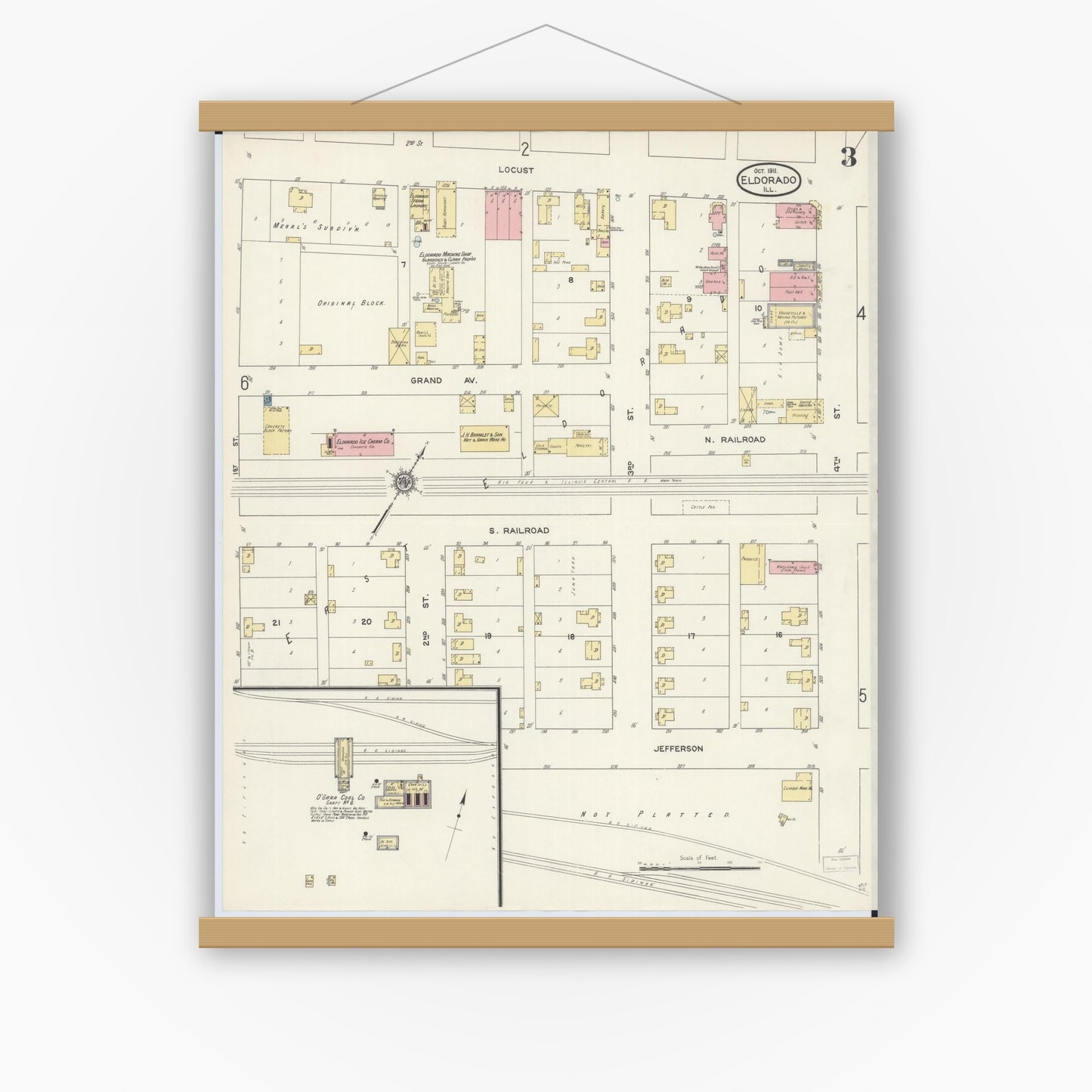 Old map wall art mockup — magnetic wood frame on white wall — Sanborn Fire Insurance Map from Eldorado, Saline County, Illinois (1911), Sheet #0003