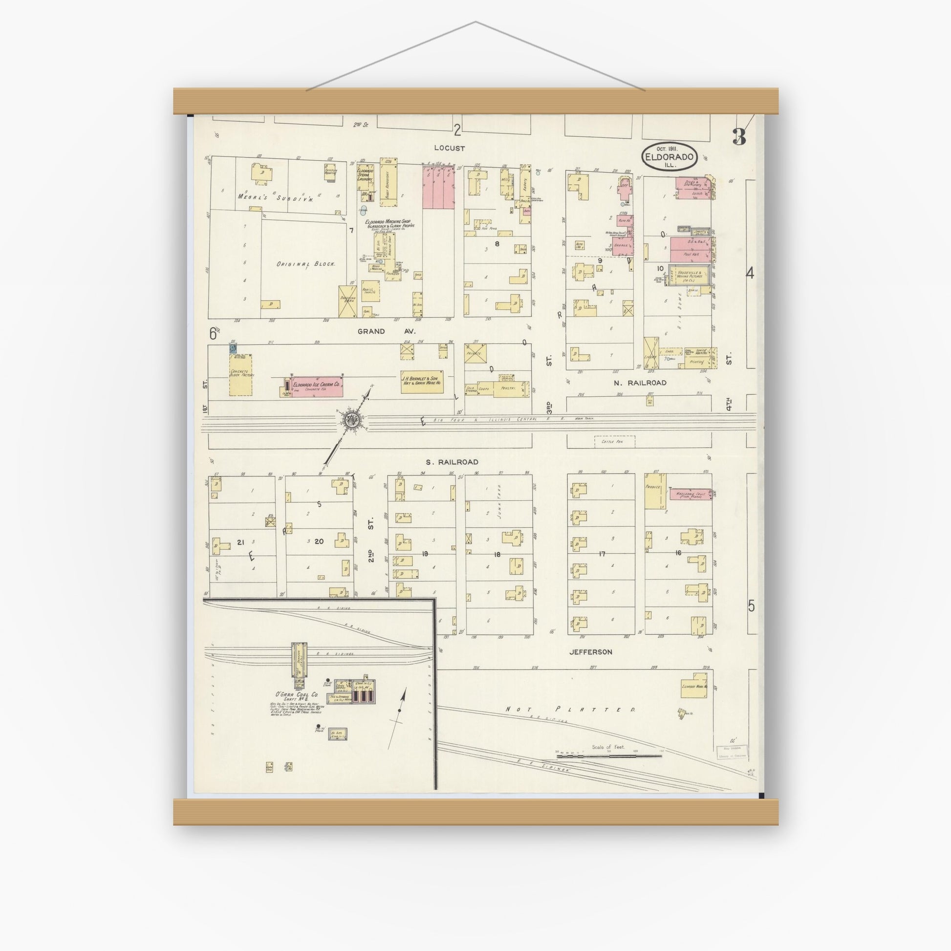 Old map wall art mockup — magnetic wood frame on white wall — Sanborn Fire Insurance Map from Eldorado, Saline County, Illinois (1911), Sheet #0003