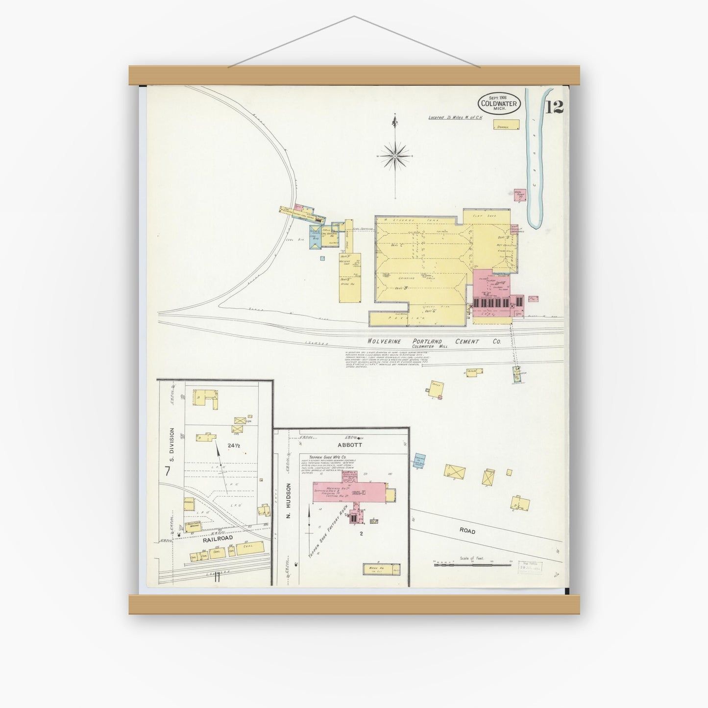 Old map wall art mockup — magnetic wood frame on white wall — Sanborn Fire Insurance Map from Coldwater, Branch County, Michigan (1908), Sheet #0012
