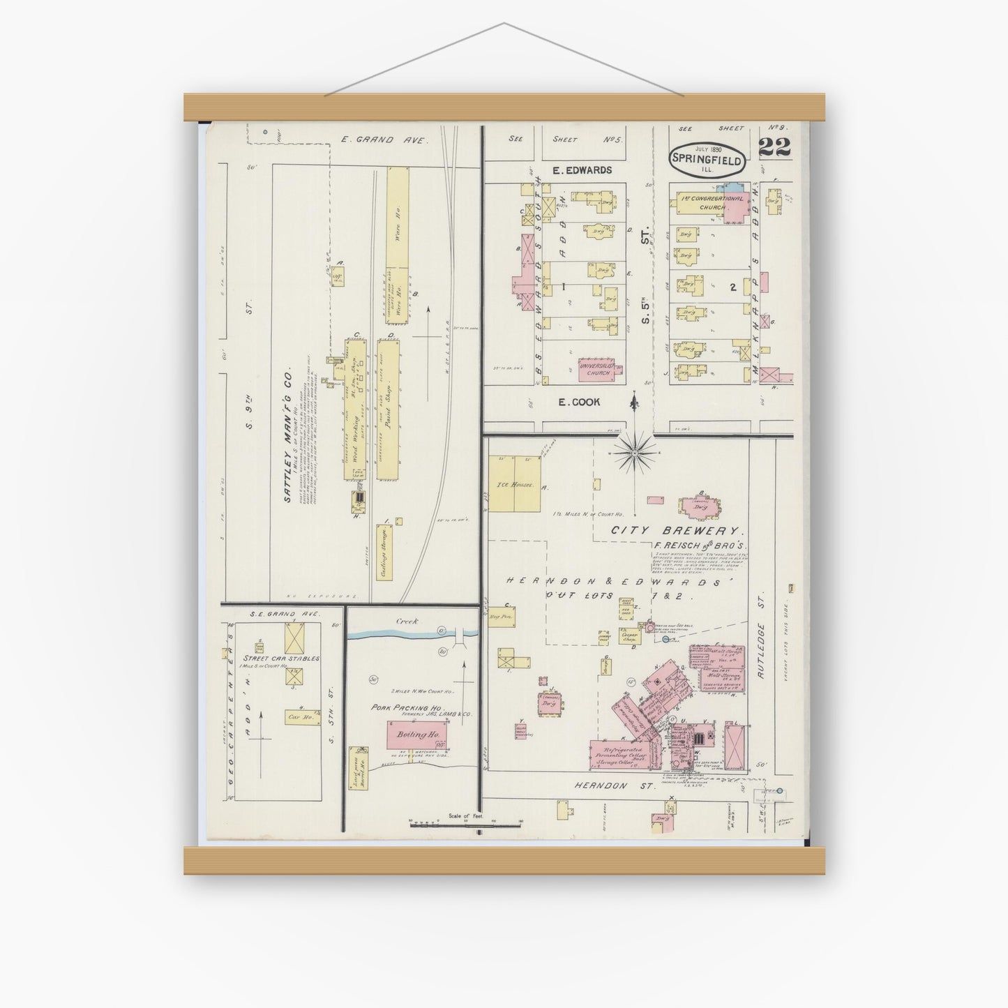 Old map wall art mockup — magnetic wood frame on white wall — Sanborn Fire Insurance Map from Springfield, Sangamon County, Illinois (1890), Sheet #0022