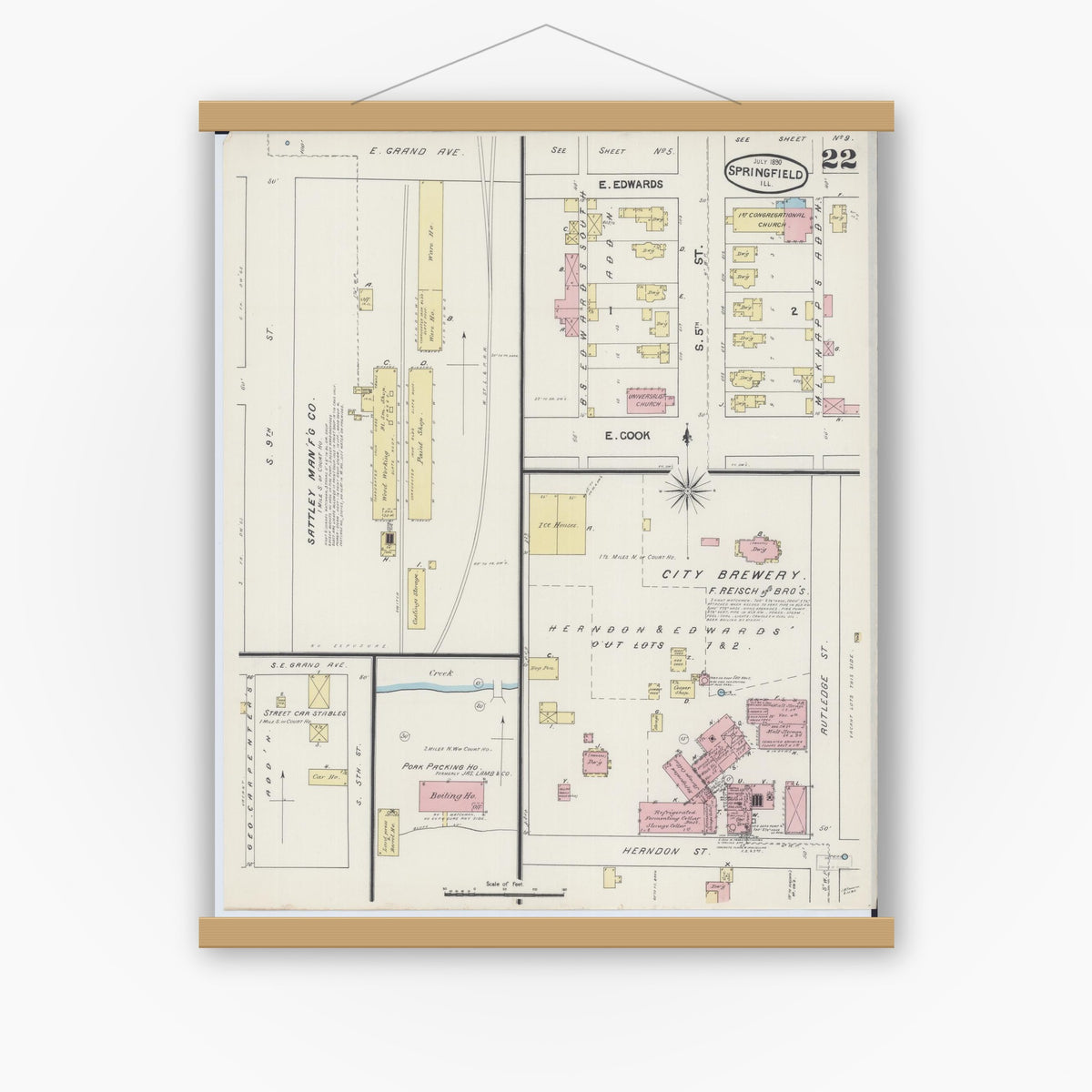 Old map wall art mockup — magnetic wood frame on white wall — Sanborn Fire Insurance Map from Springfield, Sangamon County, Illinois (1890), Sheet #0022