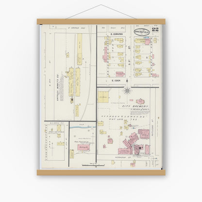 Old map wall art mockup — magnetic wood frame on white wall — Sanborn Fire Insurance Map from Springfield, Sangamon County, Illinois (1890), Sheet #0022