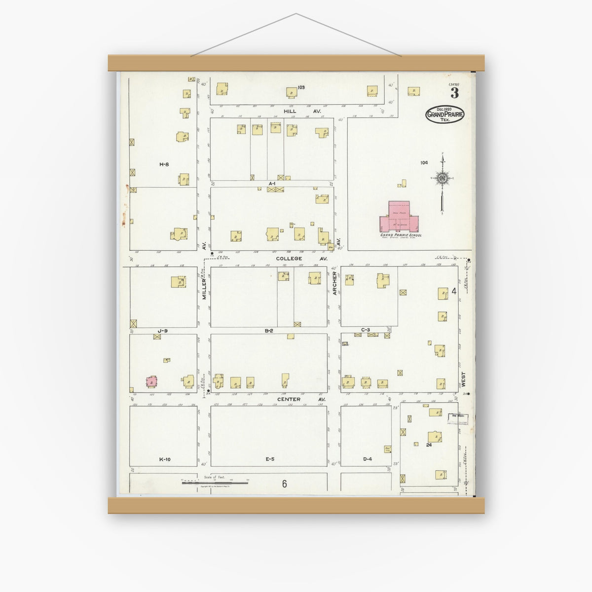 Old map wall art mockup — magnetic wood frame on white wall — Sanborn Fire Insurance Map from Grand Prairie, Dallas County, Texas (1920), Sheet #0003