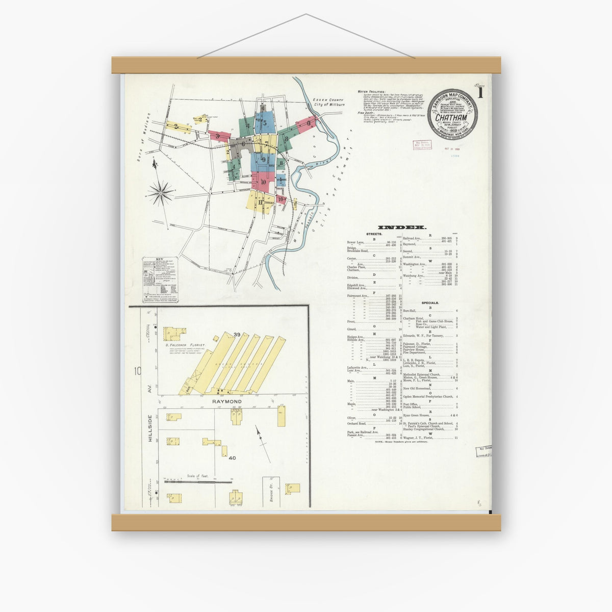Old map wall art mockup — magnetic wood frame on white wall — Sanborn Fire Insurance Map from Chatham, Morris County, New Jersey (1909) - Complete Map Set