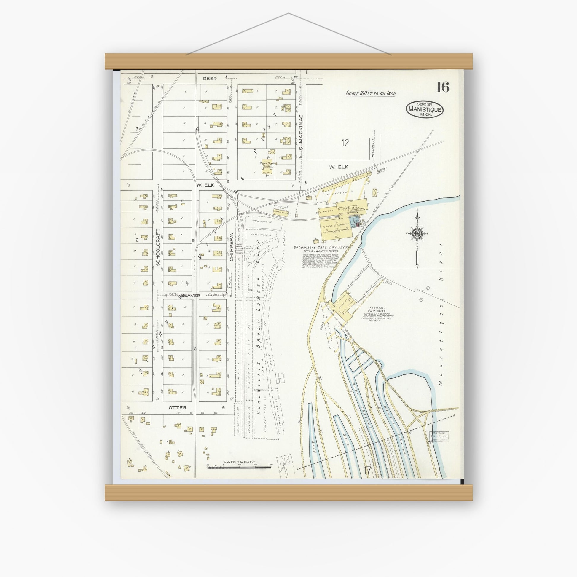 Old map wall art mockup — magnetic wood frame on white wall — Sanborn Fire Insurance Map from Manistique, Schoolcraft County, Michigan (1914), Sheet #0016