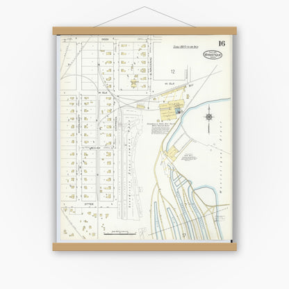 Old map wall art mockup — magnetic wood frame on white wall — Sanborn Fire Insurance Map from Manistique, Schoolcraft County, Michigan (1914), Sheet #0016