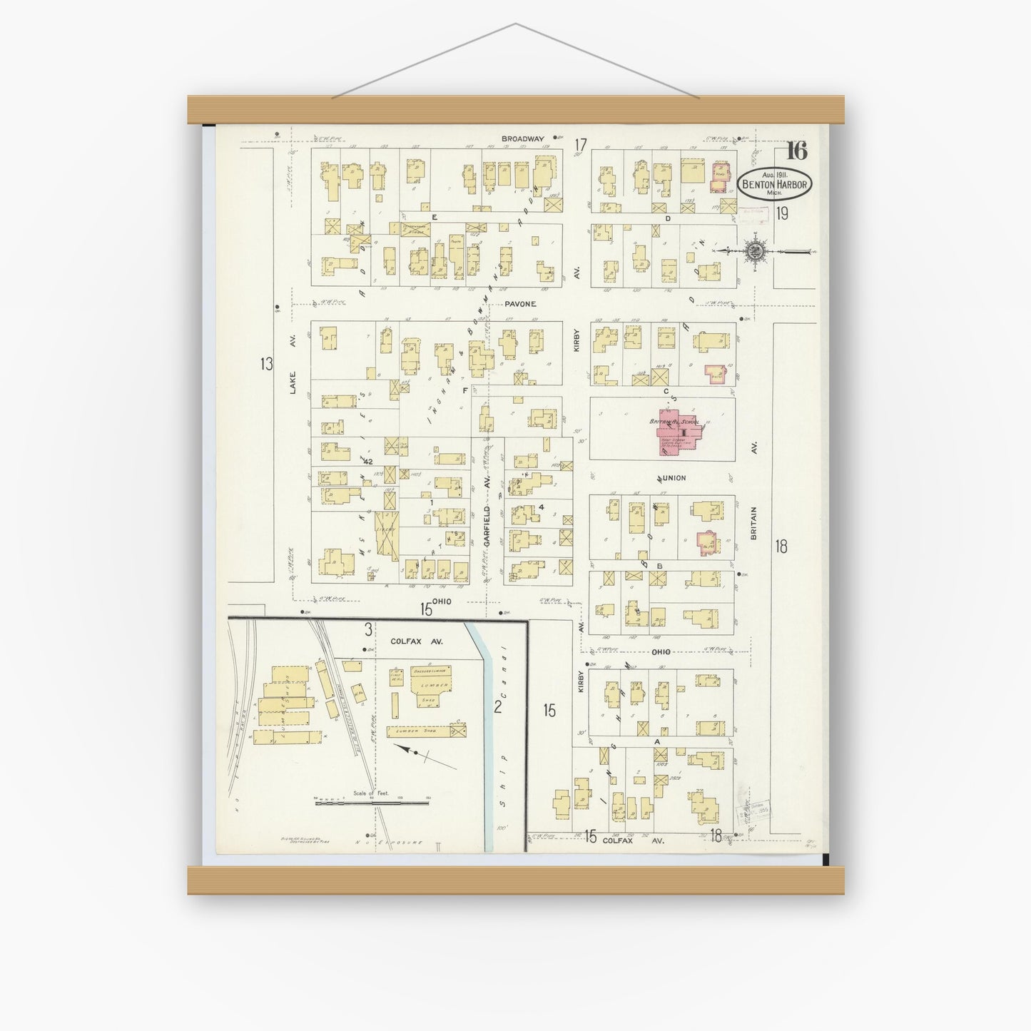 Old map wall art mockup — magnetic wood frame on white wall — Sanborn Fire Insurance Map from Benton Harbor, Berrien County, Michigan (1911), Sheet #0016
