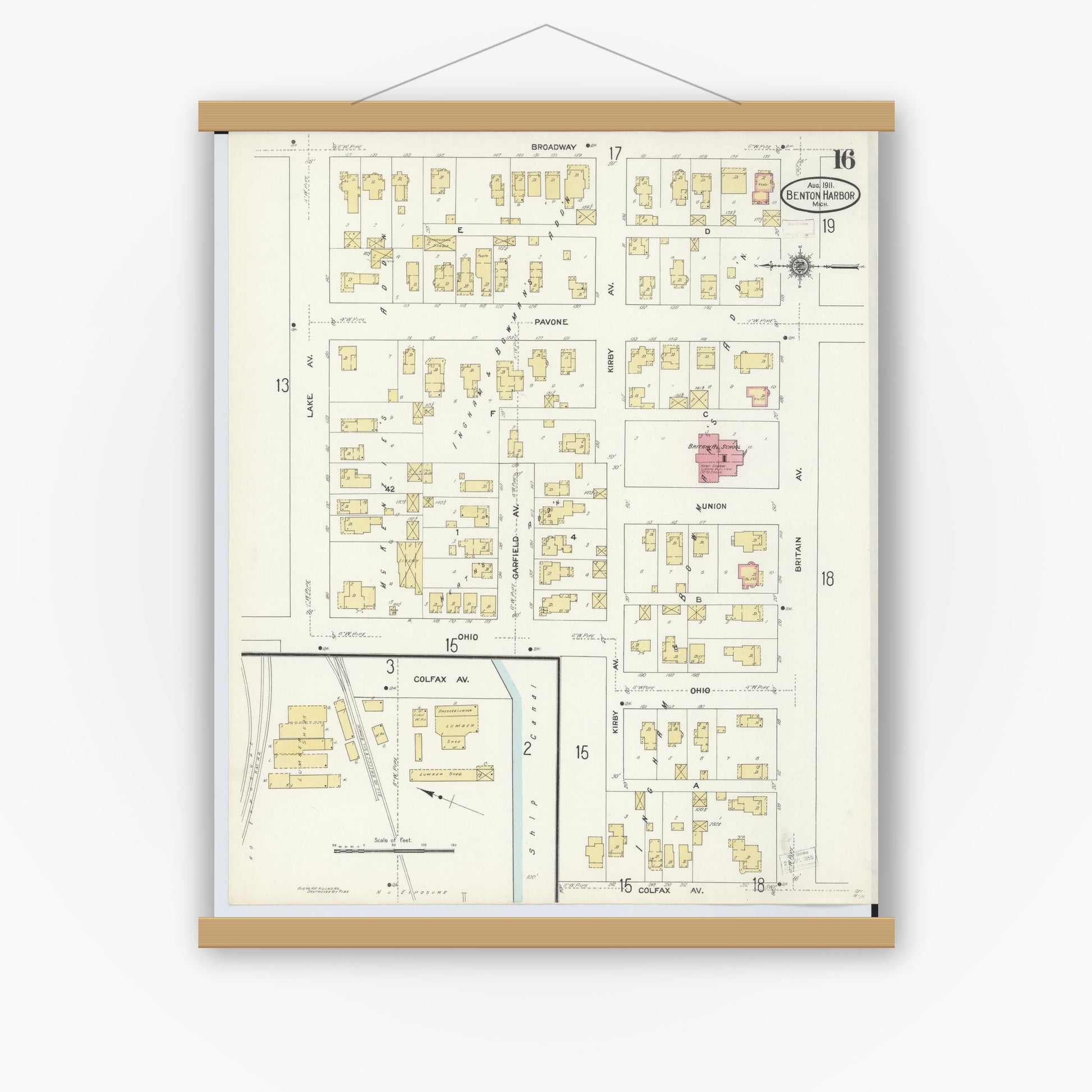 Old map wall art mockup — magnetic wood frame on white wall — Sanborn Fire Insurance Map from Benton Harbor, Berrien County, Michigan (1911), Sheet #0016