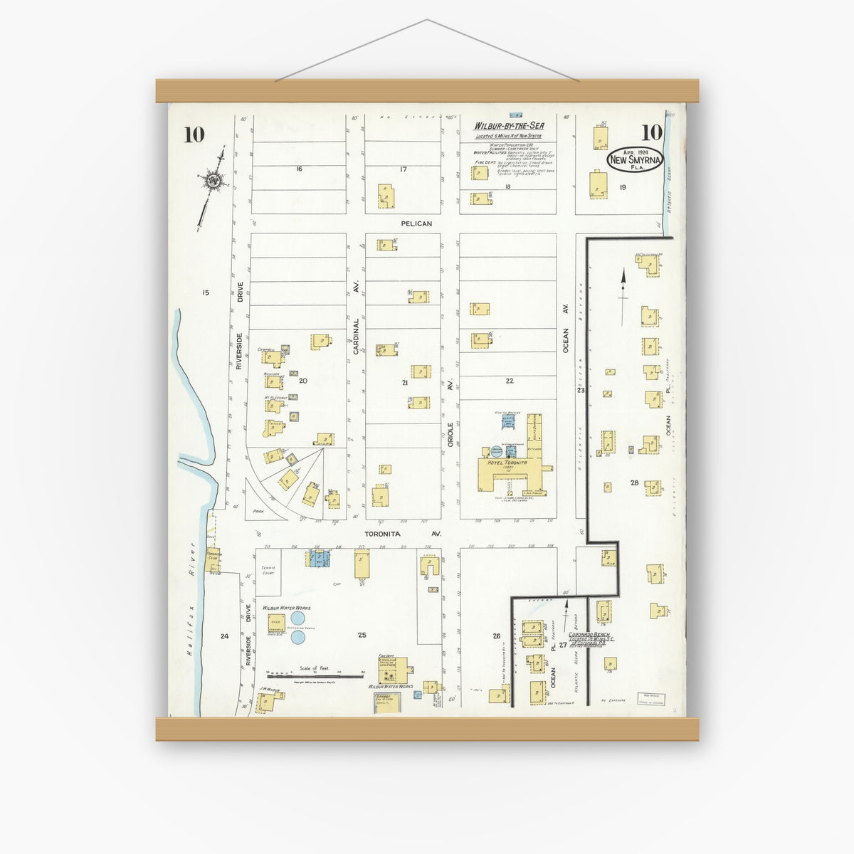 Old map wall art mockup — magnetic wood frame on white wall — Sanborn Fire Insurance Map from New Smyrna, Valusia County, Florida (1924), Sheet #0010