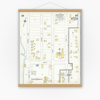 Old map wall art mockup — magnetic wood frame on white wall — Sanborn Fire Insurance Map from New Smyrna, Valusia County, Florida (1924), Sheet #0010