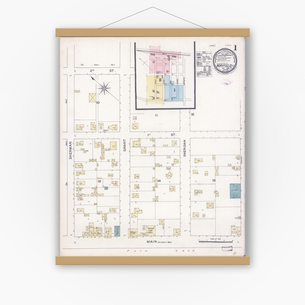 Old map wall art mockup — magnetic wood frame on white wall — Sanborn Fire Insurance Map from Mayfield, Santa Clara County, California (1888) - Complete Map Set
