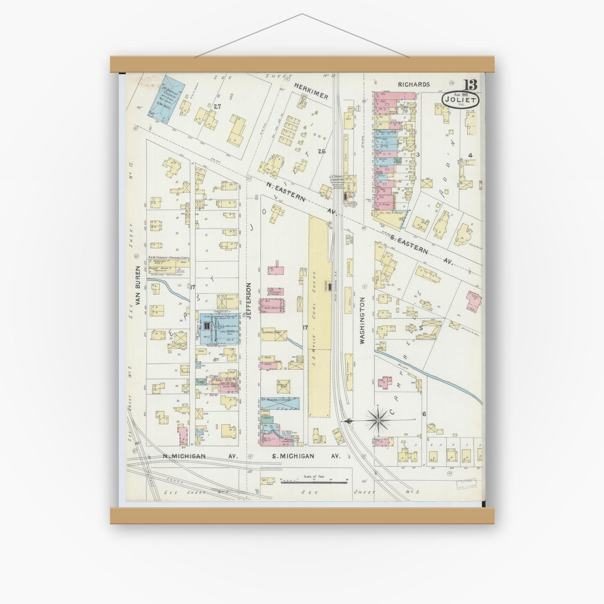 Old map wall art mockup — magnetic wood frame on white wall — Sanborn Fire Insurance Map from Joliet, Will County, Illinois (1891), Sheet #0013