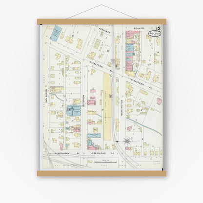 Old map wall art mockup — magnetic wood frame on white wall — Sanborn Fire Insurance Map from Joliet, Will County, Illinois (1891), Sheet #0013
