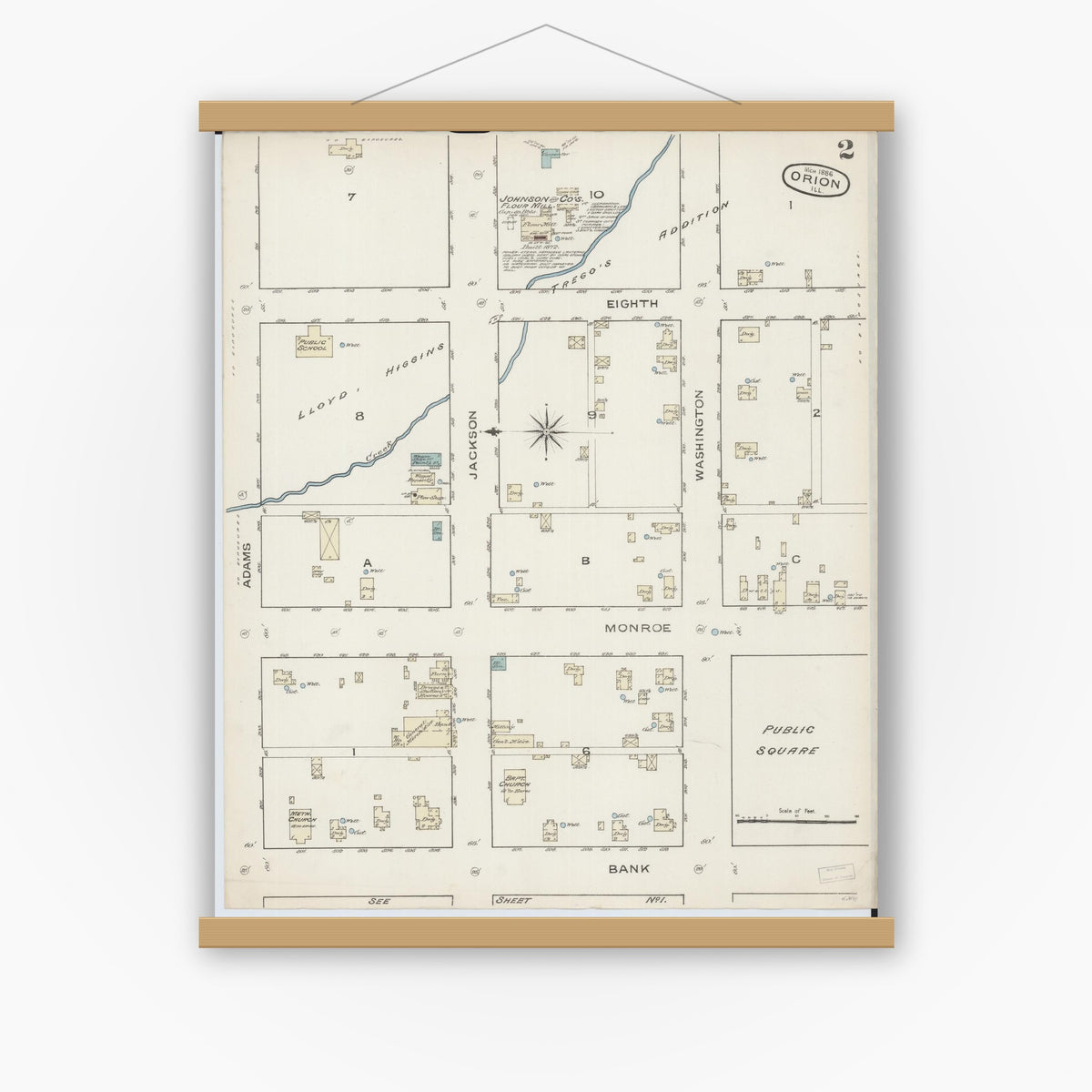 Old map wall art mockup — magnetic wood frame on white wall — Sanborn Fire Insurance Map from Orion, Henry County, Illinois (1886), Sheet #0002