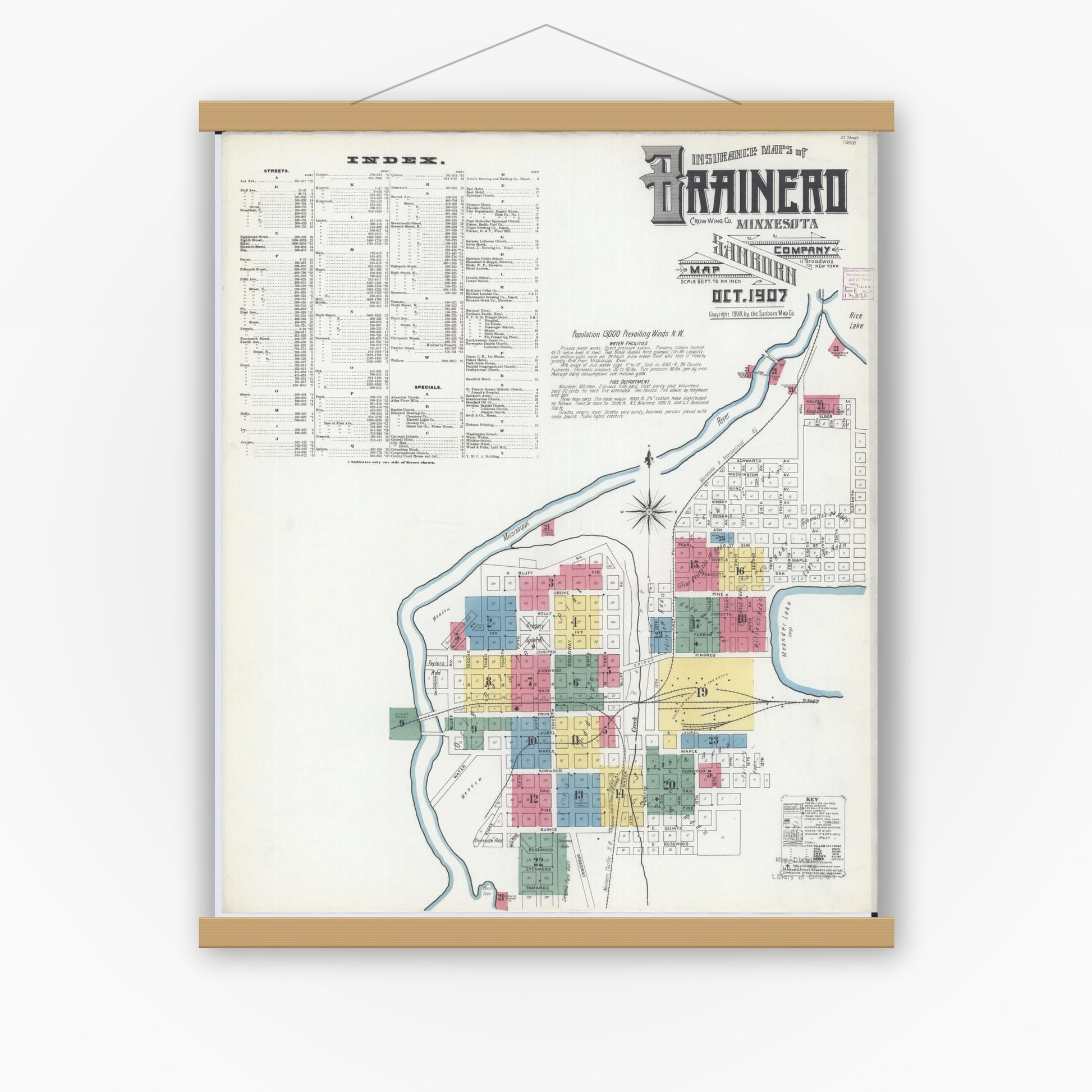 Old map wall art mockup — magnetic wood frame on white wall — Sanborn Fire Insurance Map from Brainerd, Crow Wing County, Minnesota (1907), Sheet #0001