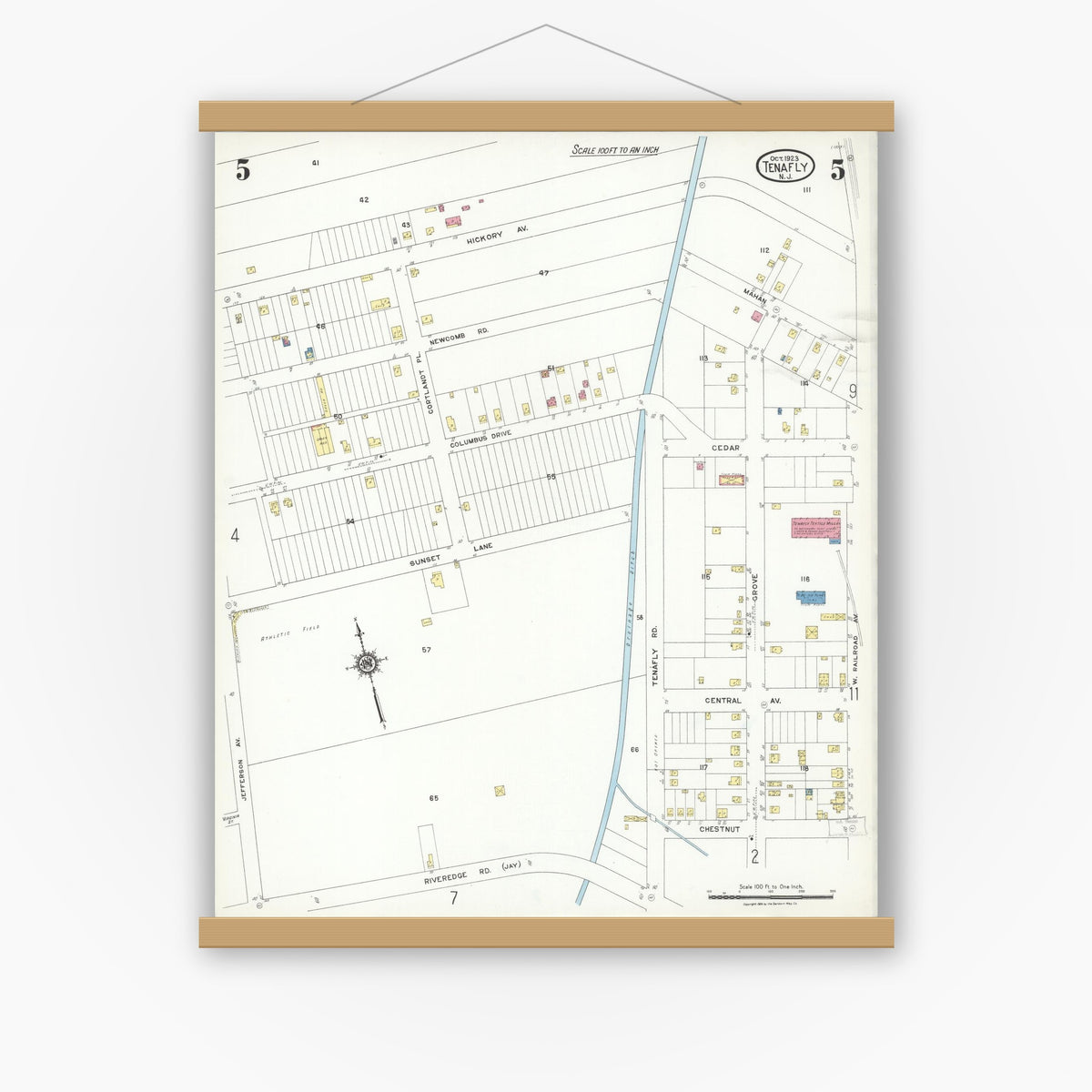 Old map wall art mockup — magnetic wood frame on white wall — Sanborn Fire Insurance Map from Tenafly, Bergen County, New Jersey (1923), Sheet #0005