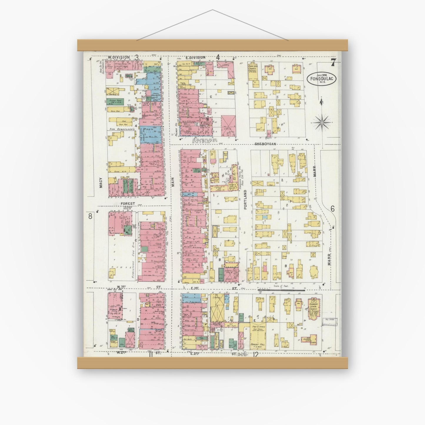 Old map wall art mockup — magnetic wood frame on white wall — Sanborn Fire Insurance Map from Fond du Lac, Fond du Lac County, Wisconsin (1898), Sheet #0007
