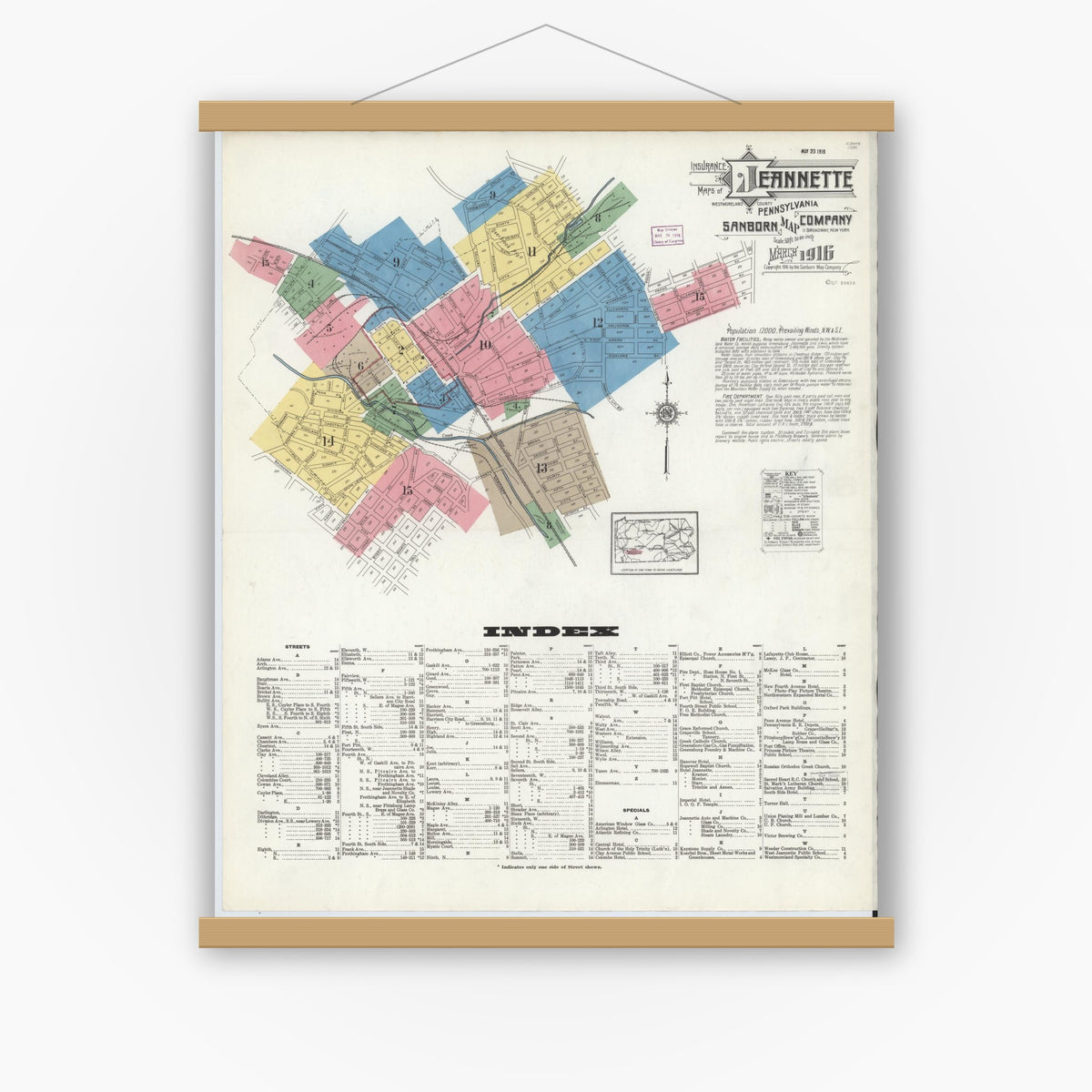 Old map wall art mockup — magnetic wood frame on white wall — Sanborn Fire Insurance Map from Jeannette, Westmoreland County, Pennsylvania (1916), Sheet #0001