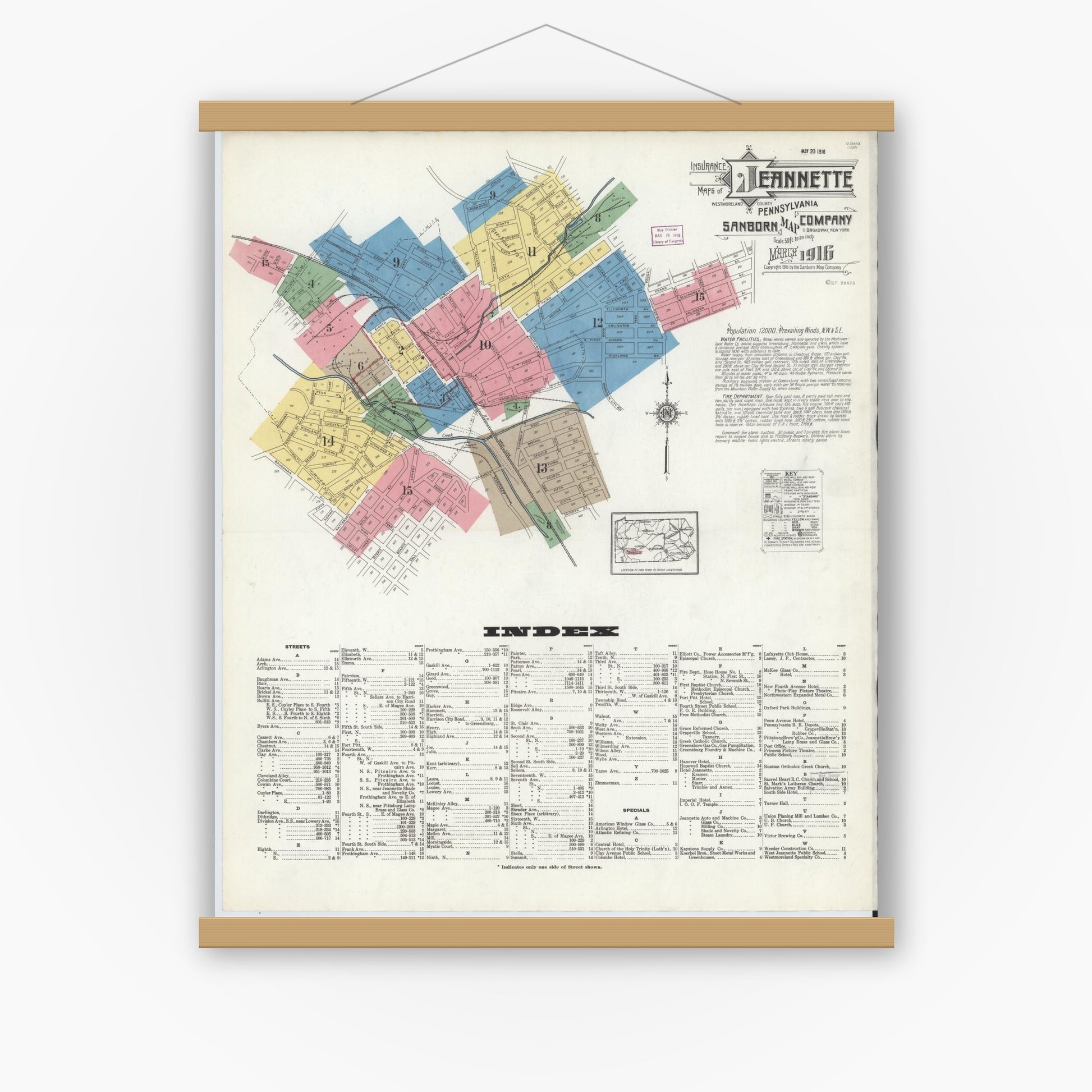Old map wall art mockup — magnetic wood frame on white wall — Sanborn Fire Insurance Map from Jeannette, Westmoreland County, Pennsylvania (1916), Sheet #0001