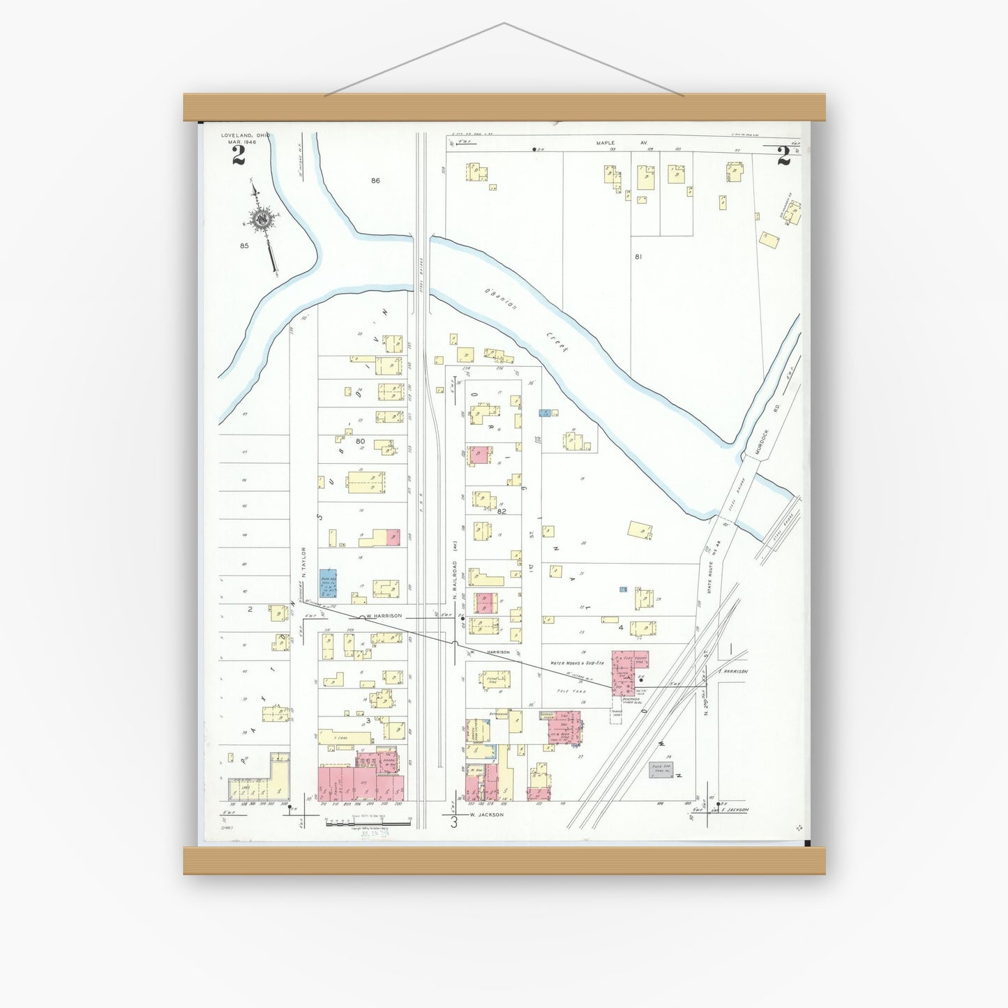 Old map wall art mockup — magnetic wood frame on white wall — Sanborn Fire Insurance Map from Loveland, Clermont, Hamilton, And Warren County, Ohio (1946), Sheet #0002