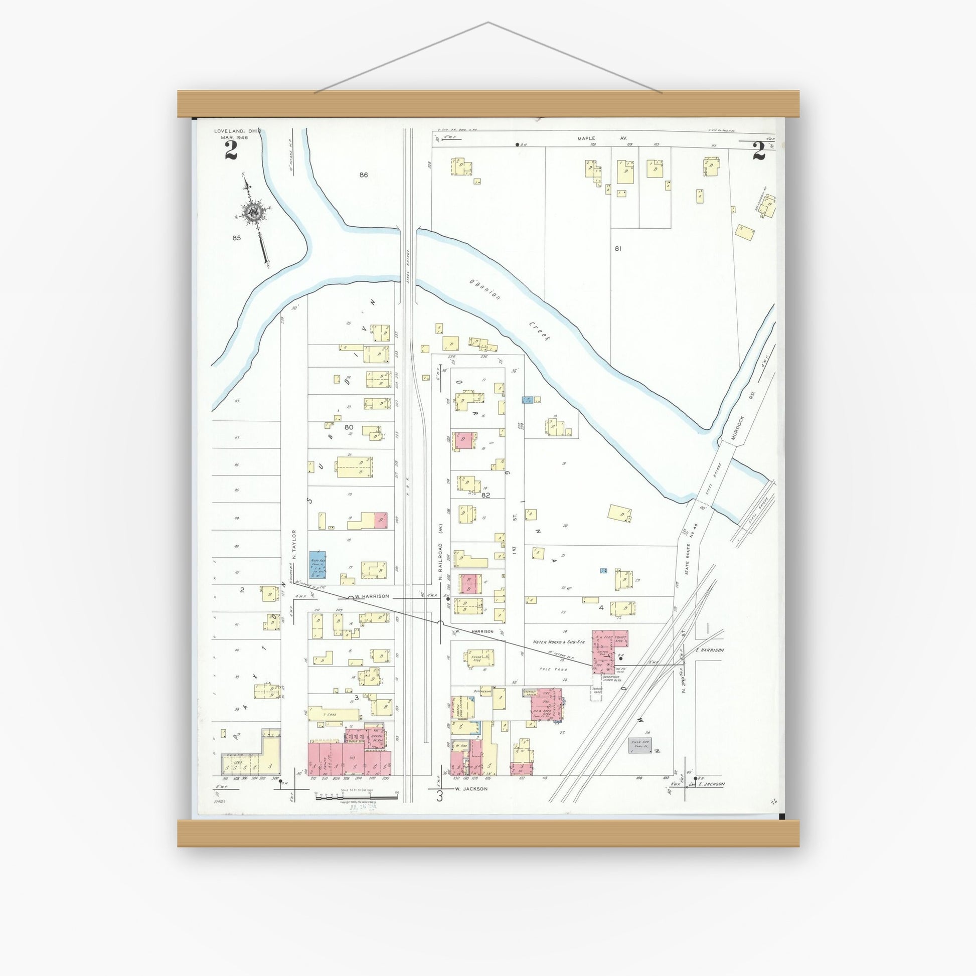 Old map wall art mockup — magnetic wood frame on white wall — Sanborn Fire Insurance Map from Loveland, Clermont, Hamilton, And Warren County, Ohio (1946), Sheet #0002